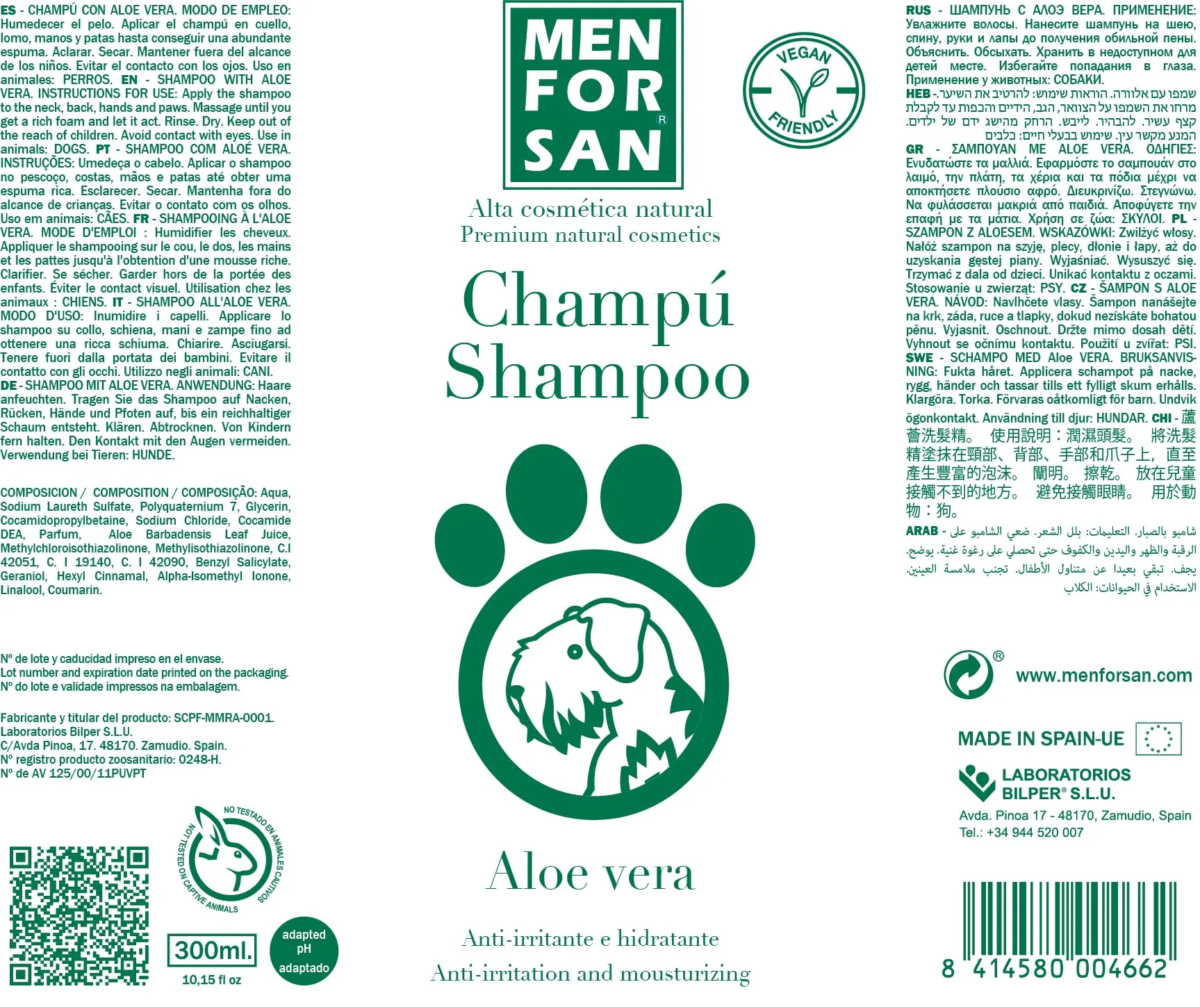 Shampoing pour animaux de compagnie Menforsan Chien Aloe Vera (300 ml) - immagine 2