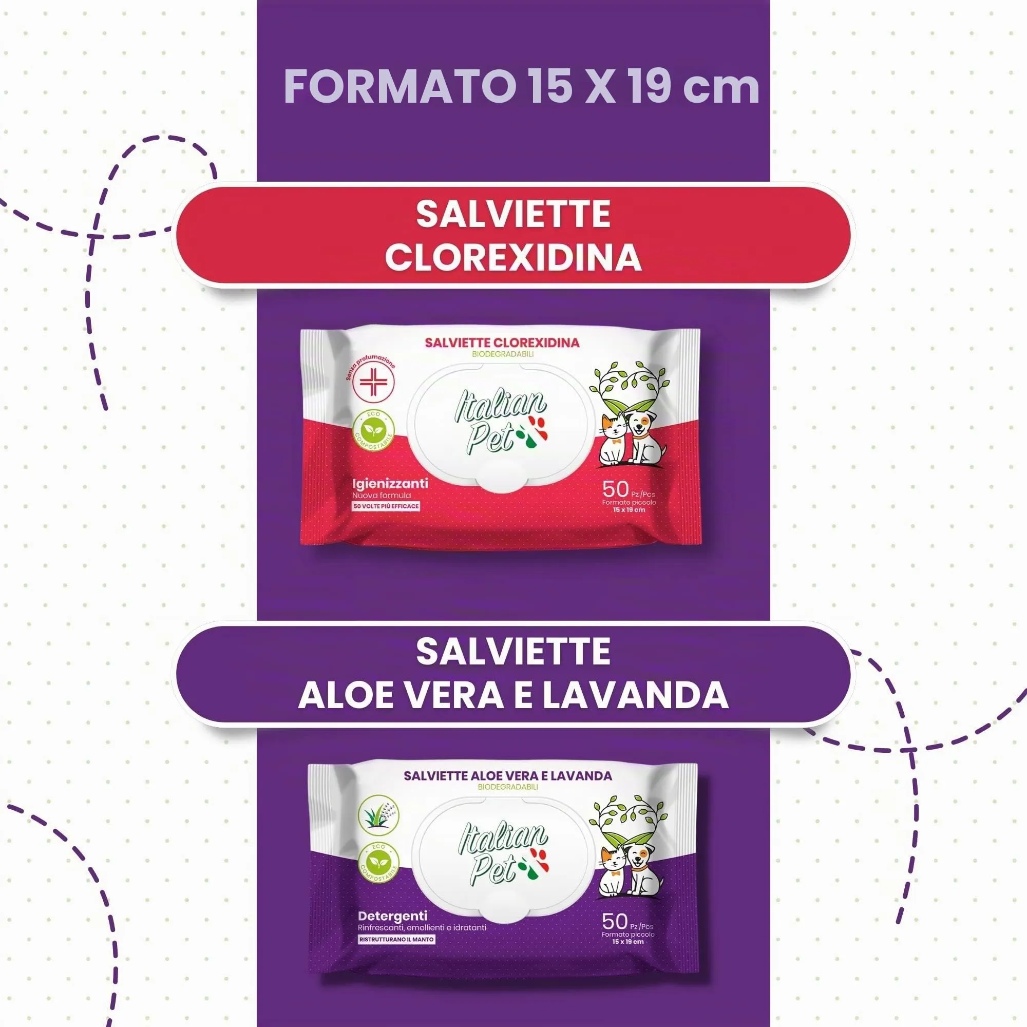 Italian Pet - Salviette Biodegradabili Aloe Vera e Lavanda - Salviette Detergenti Umidificate per Zampe, Muso e Pelo di Cani, Gatti, Conigli, Animali Domestici - 50 Salviette BIO Monouso, 15x19 cm - immagine 7