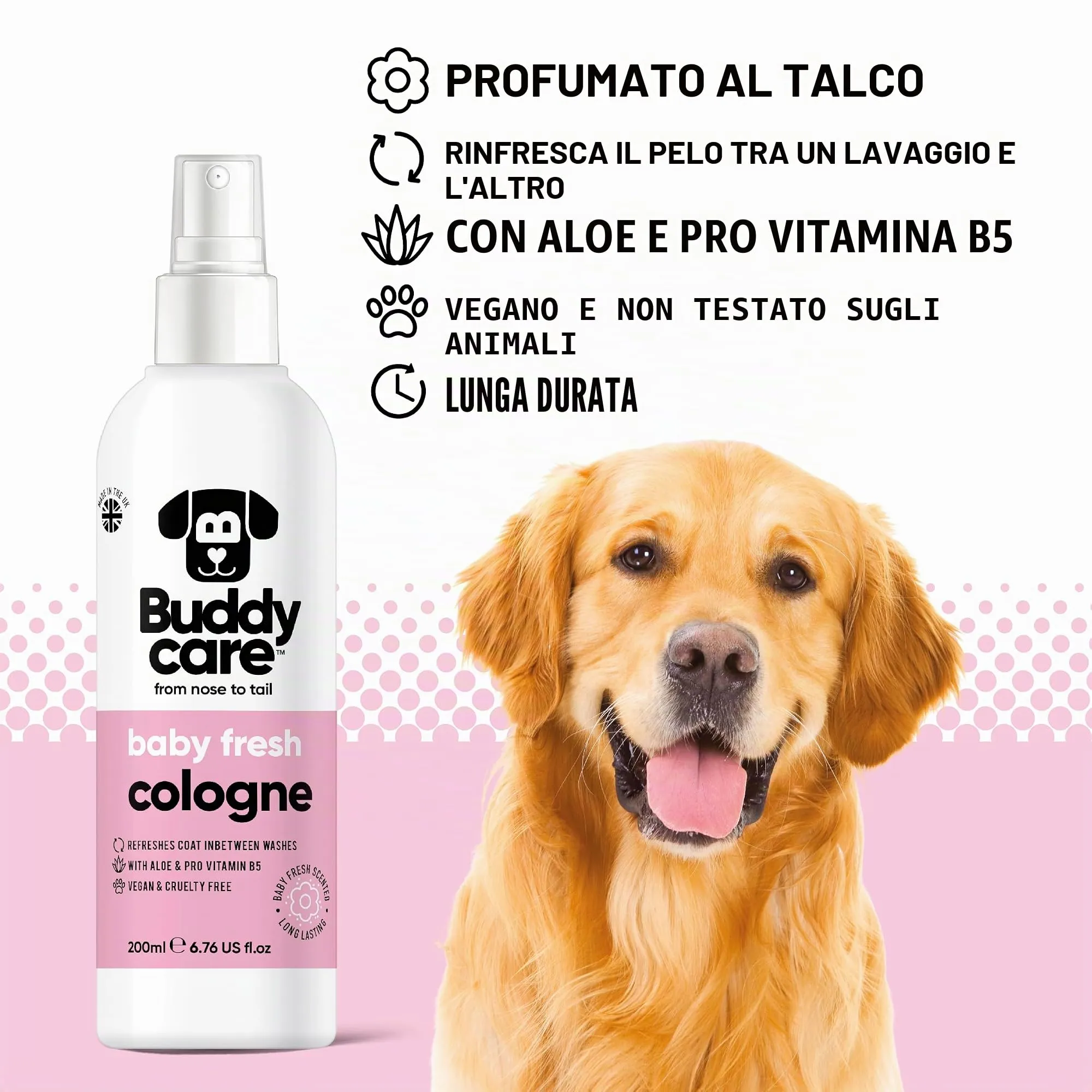 Buddycare Colonia per cani - Colonia per cani dal profumo delicato e polveroso - Rinfresca tra i lavaggi del cane, Bambino fresco, 200 ml (confezione da 1) - immagine 2