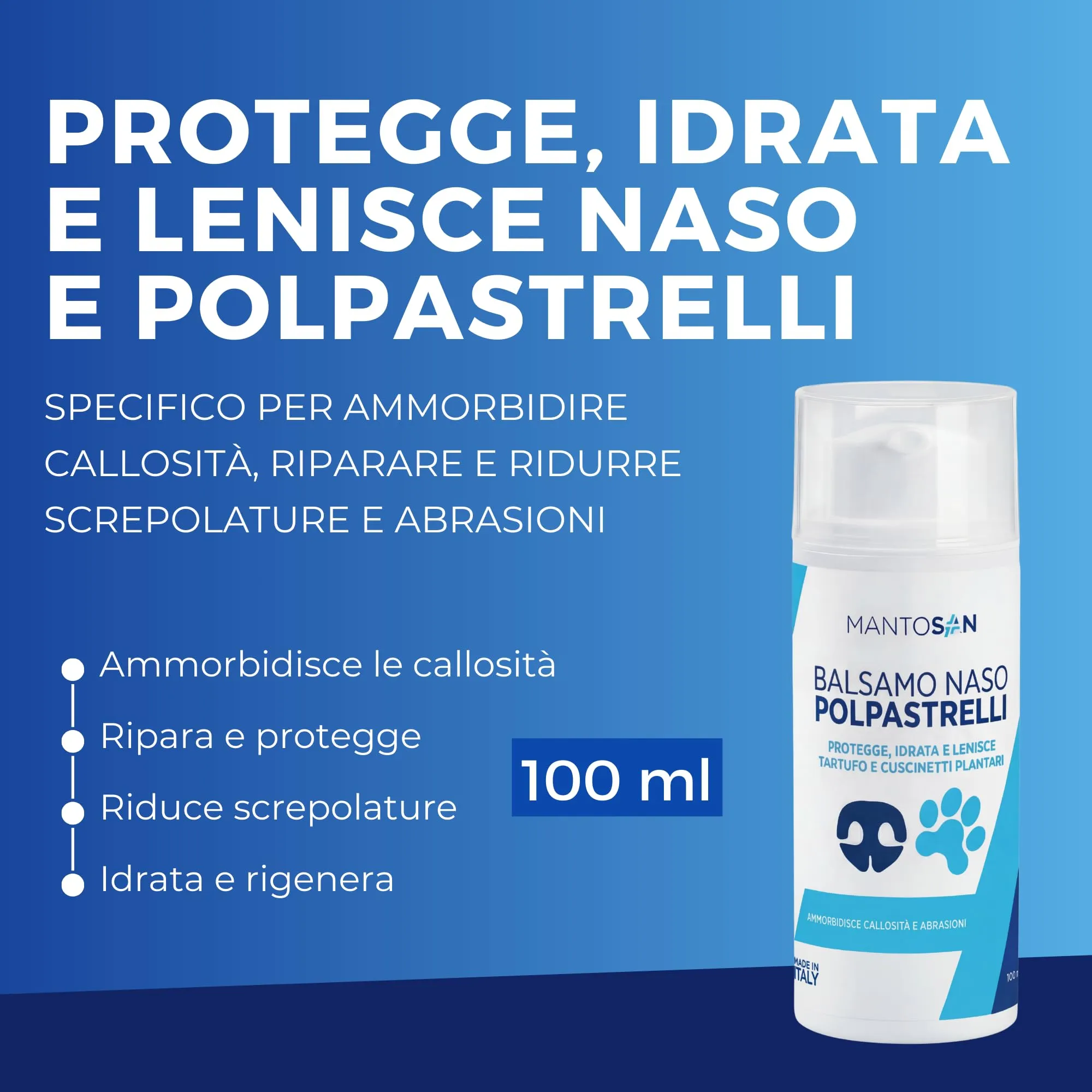 Mantosan Crema Polpastrelli Naso Cane 2in1 100ml Protegge Ripara Idrata Zampe da Neve Freddo Terreno Sabbia Balsamo per Screpolature Callosità Abrasioni Cuscinetti Tartufo Maxi Formato Made in Italy - immagine 2