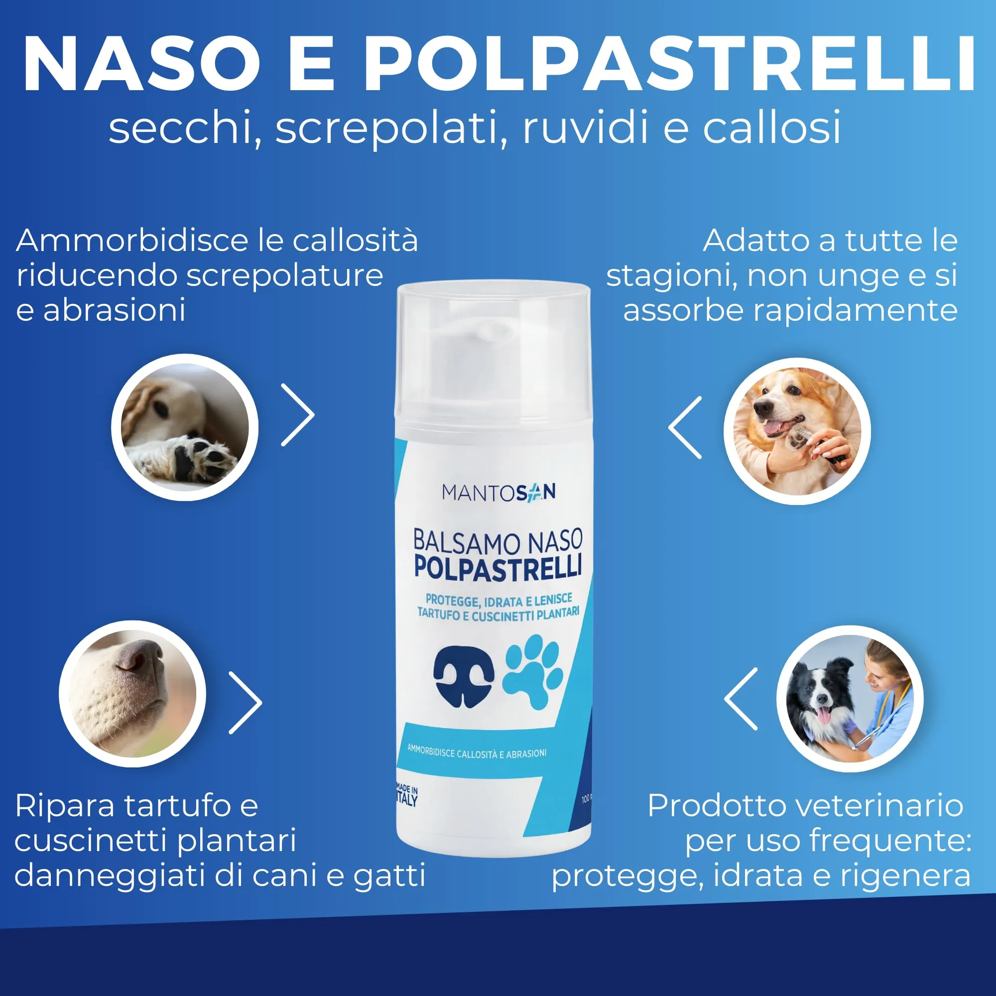 Mantosan Crema Polpastrelli Naso Cane 2in1 100ml Protegge Ripara Idrata Zampe da Neve Freddo Terreno Sabbia Balsamo per Screpolature Callosità Abrasioni Cuscinetti Tartufo Maxi Formato Made in Italy - immagine 3