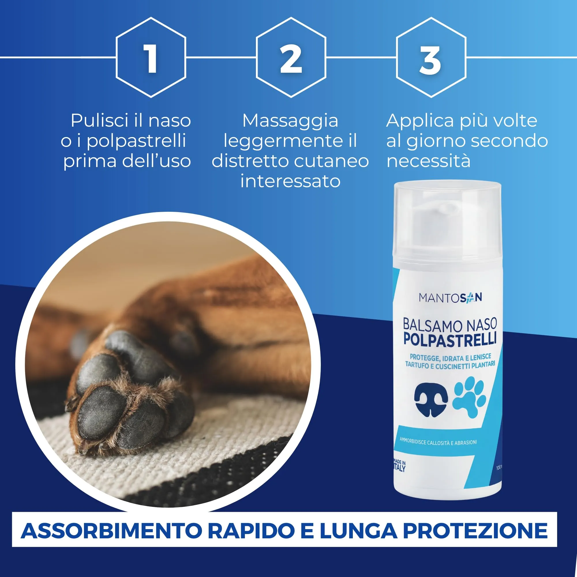 Mantosan Crema Polpastrelli Naso Cane 2in1 100ml Protegge Ripara Idrata Zampe da Neve Freddo Terreno Sabbia Balsamo per Screpolature Callosità Abrasioni Cuscinetti Tartufo Maxi Formato Made in Italy - immagine 5