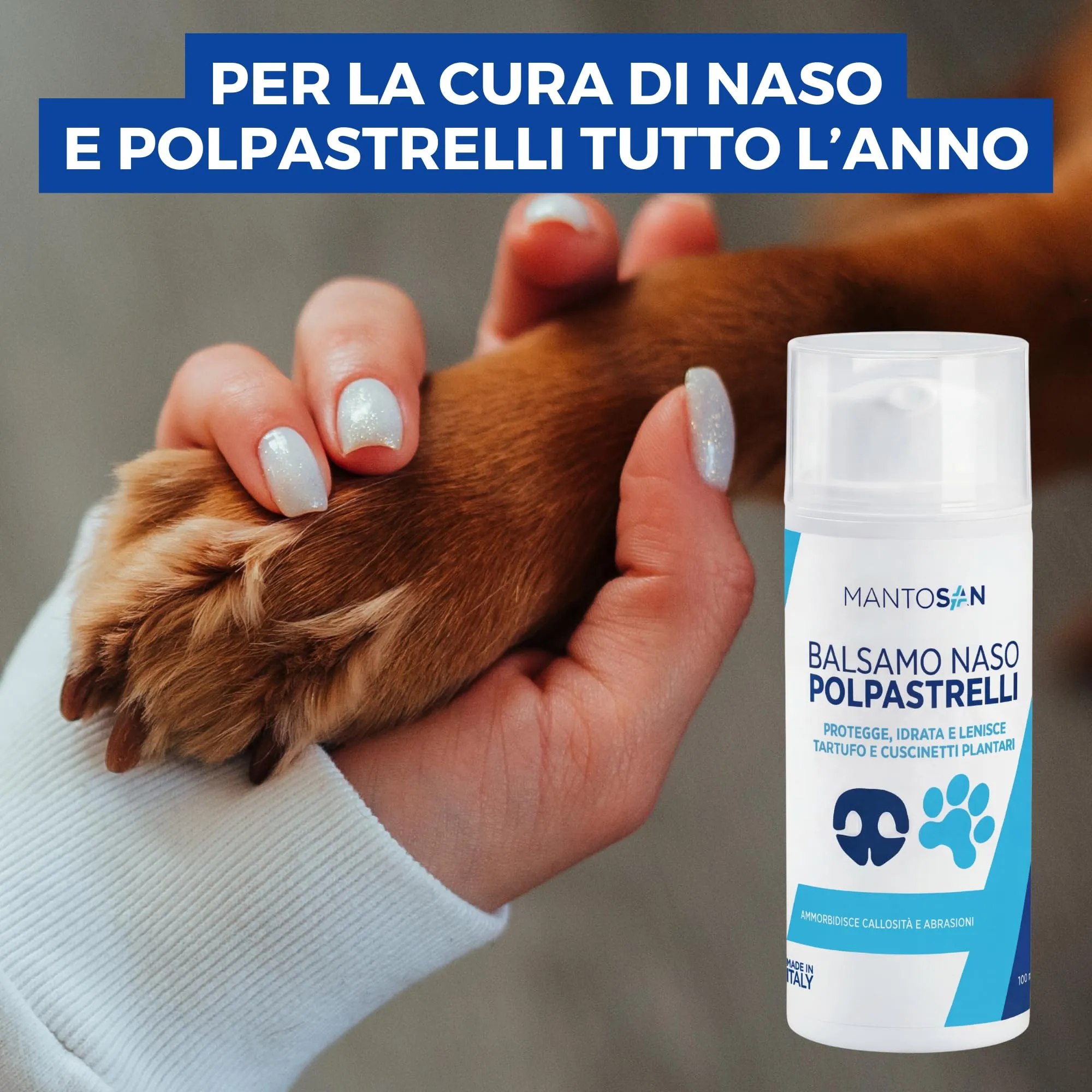 Mantosan Crema Polpastrelli Naso Cane 2in1 100ml Protegge Ripara Idrata Zampe da Neve Freddo Terreno Sabbia Balsamo per Screpolature Callosità Abrasioni Cuscinetti Tartufo Maxi Formato Made in Italy - immagine 6