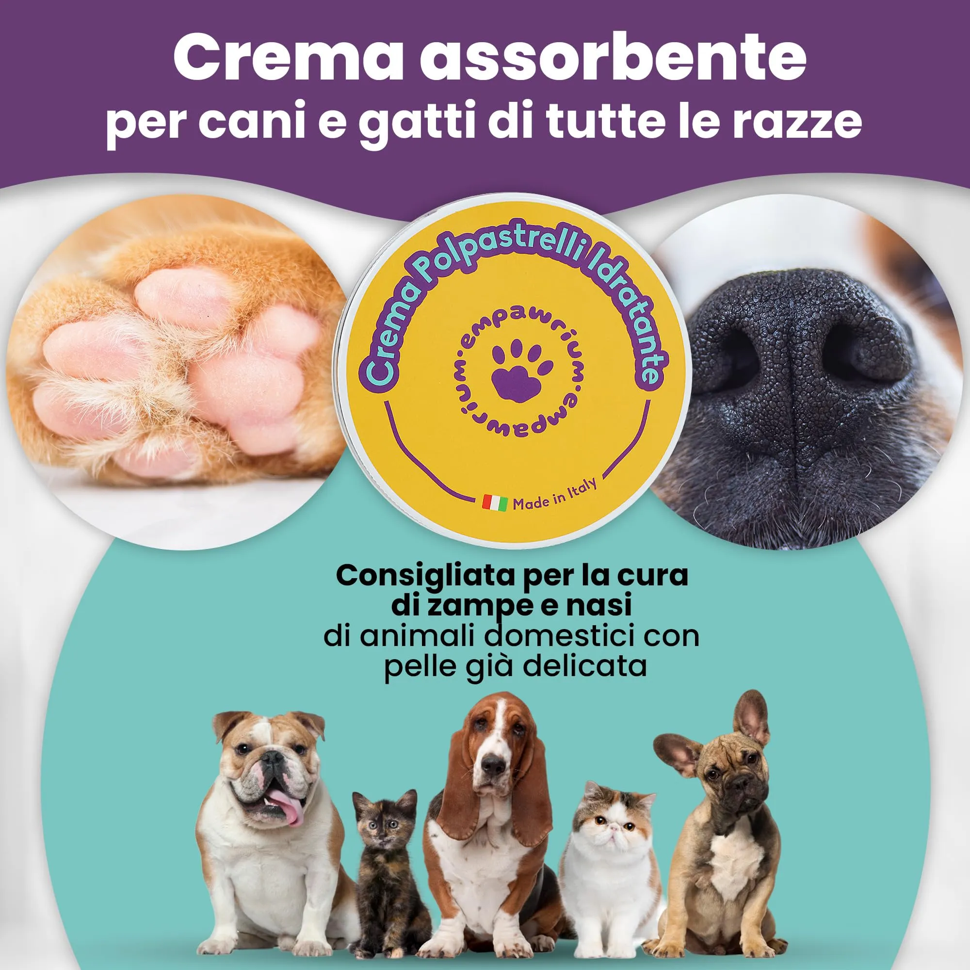 Crema Polpastrelli Cane e Gatto Idratante 100ML, Made in Italy - Balsamo Protettivo per Cuscinetti delle Zampe o Naso - Proprietà Cicatrizzante e Lenitiva con Aloe Vera, Olio Cocco, Vit.E, Cera d’Api - immagine 2