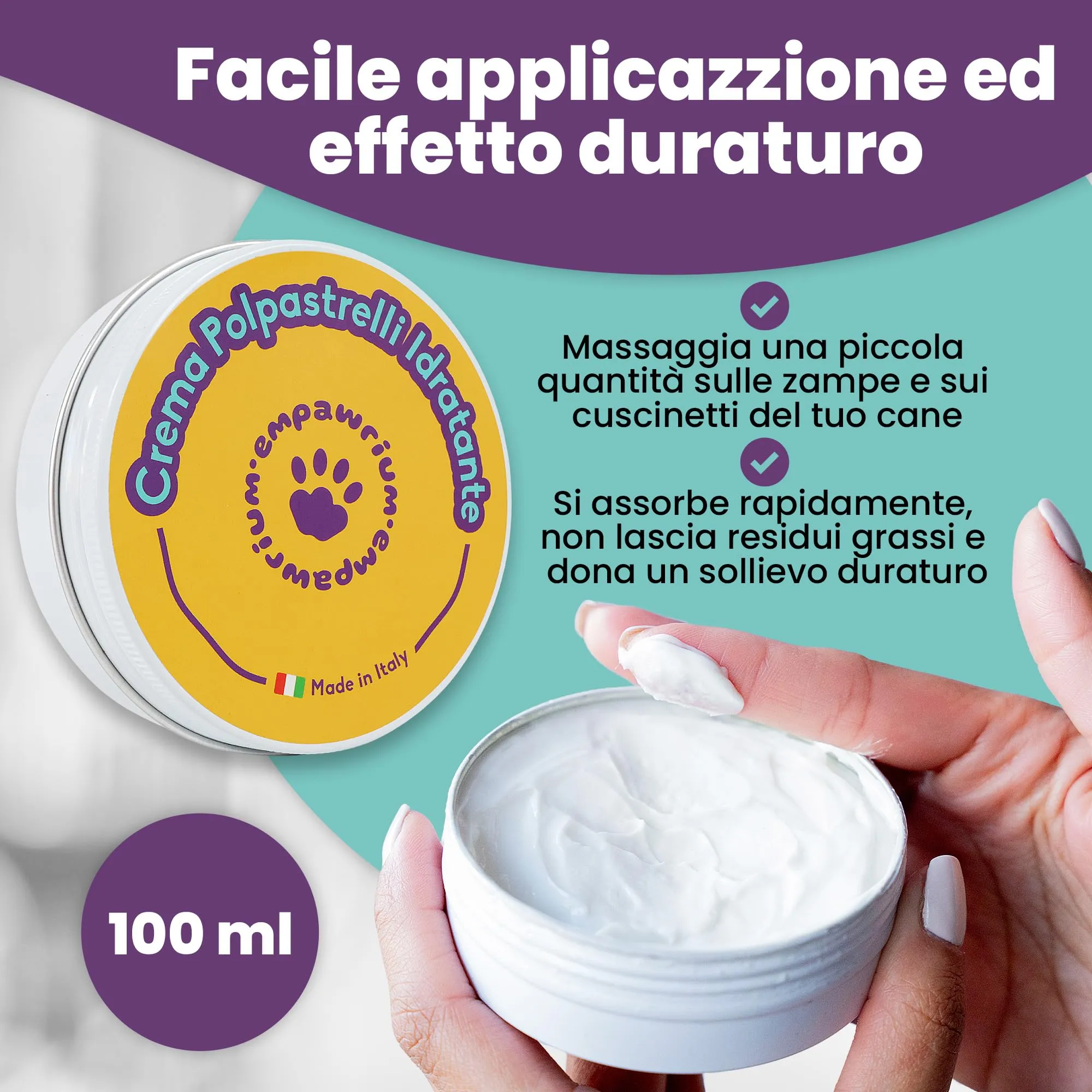 Crema Polpastrelli Cane e Gatto Idratante 100ML, Made in Italy - Balsamo Protettivo per Cuscinetti delle Zampe o Naso - Proprietà Cicatrizzante e Lenitiva con Aloe Vera, Olio Cocco, Vit.E, Cera d’Api - immagine 3