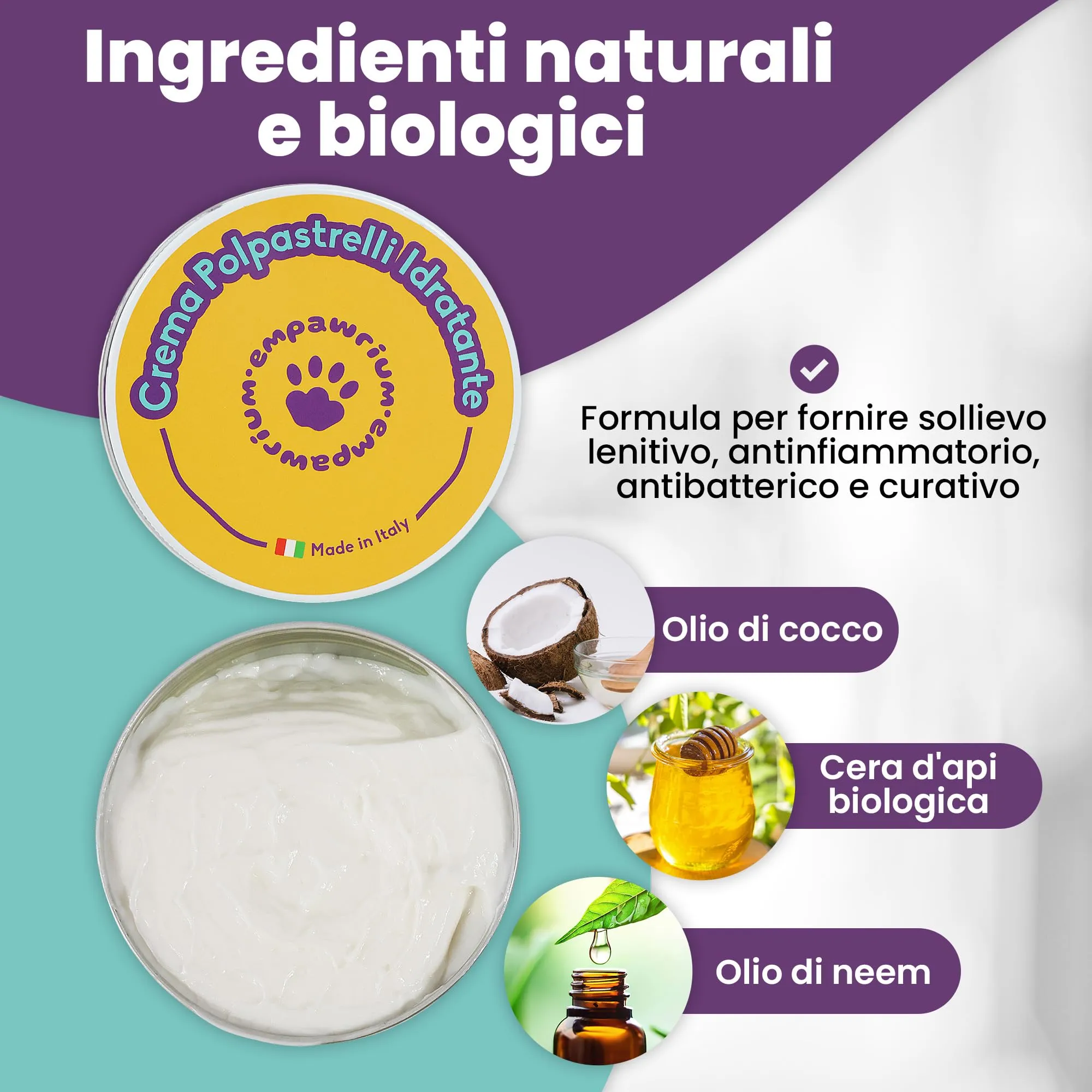 Crema Polpastrelli Cane e Gatto Idratante 100ML, Made in Italy - Balsamo Protettivo per Cuscinetti delle Zampe o Naso - Proprietà Cicatrizzante e Lenitiva con Aloe Vera, Olio Cocco, Vit.E, Cera d’Api - immagine 4