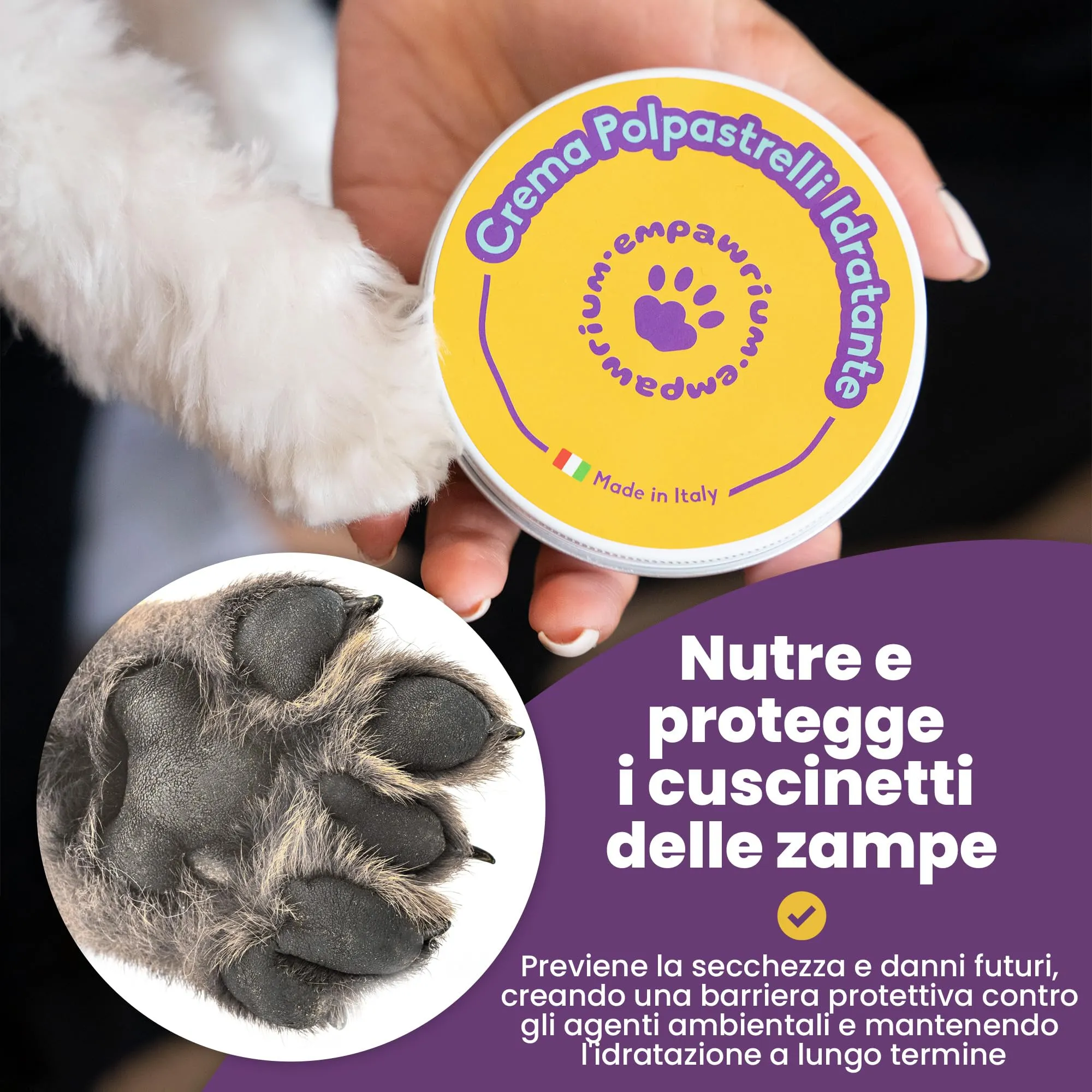 Crema Polpastrelli Cane e Gatto Idratante 100ML, Made in Italy - Balsamo Protettivo per Cuscinetti delle Zampe o Naso - Proprietà Cicatrizzante e Lenitiva con Aloe Vera, Olio Cocco, Vit.E, Cera d’Api - immagine 5