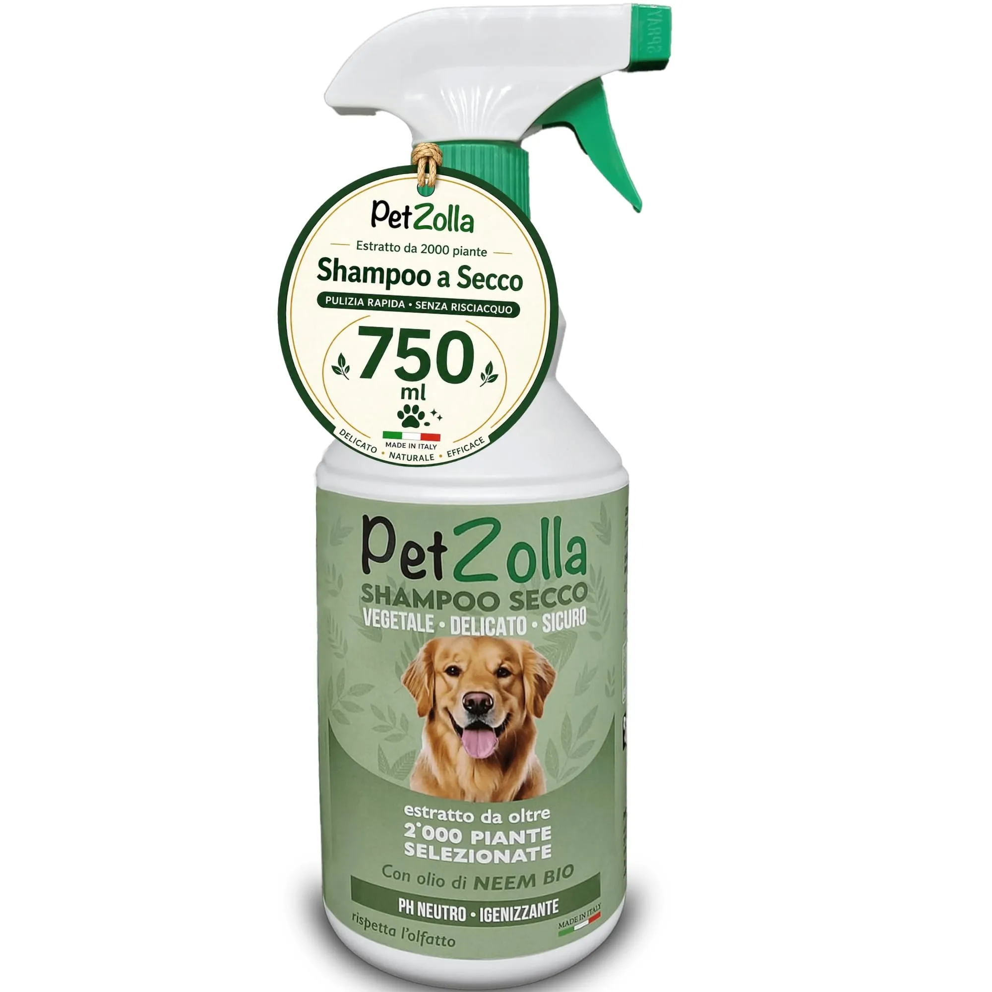 Shampoo secco per cani senza risciacquo 750 ml Idrata e igienizza, Shampoo a secco per cani naturale con olio di neem, argan e timo, sicuro anche per cuccioli - Made in Italy - immagine 1