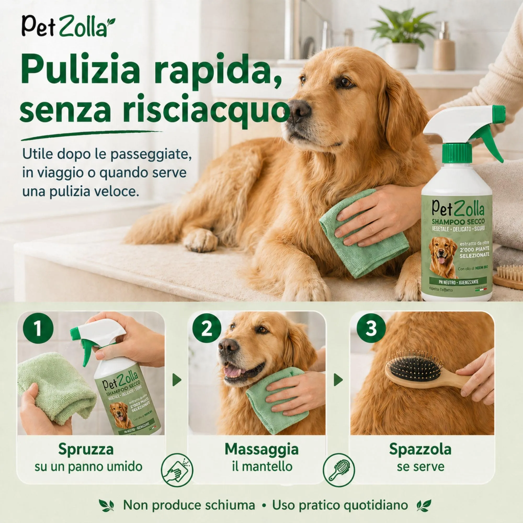 Shampoo secco per cani senza risciacquo 750 ml Idrata e igienizza, Shampoo a secco per cani naturale con olio di neem, argan e timo, sicuro anche per cuccioli - Made in Italy - immagine 4