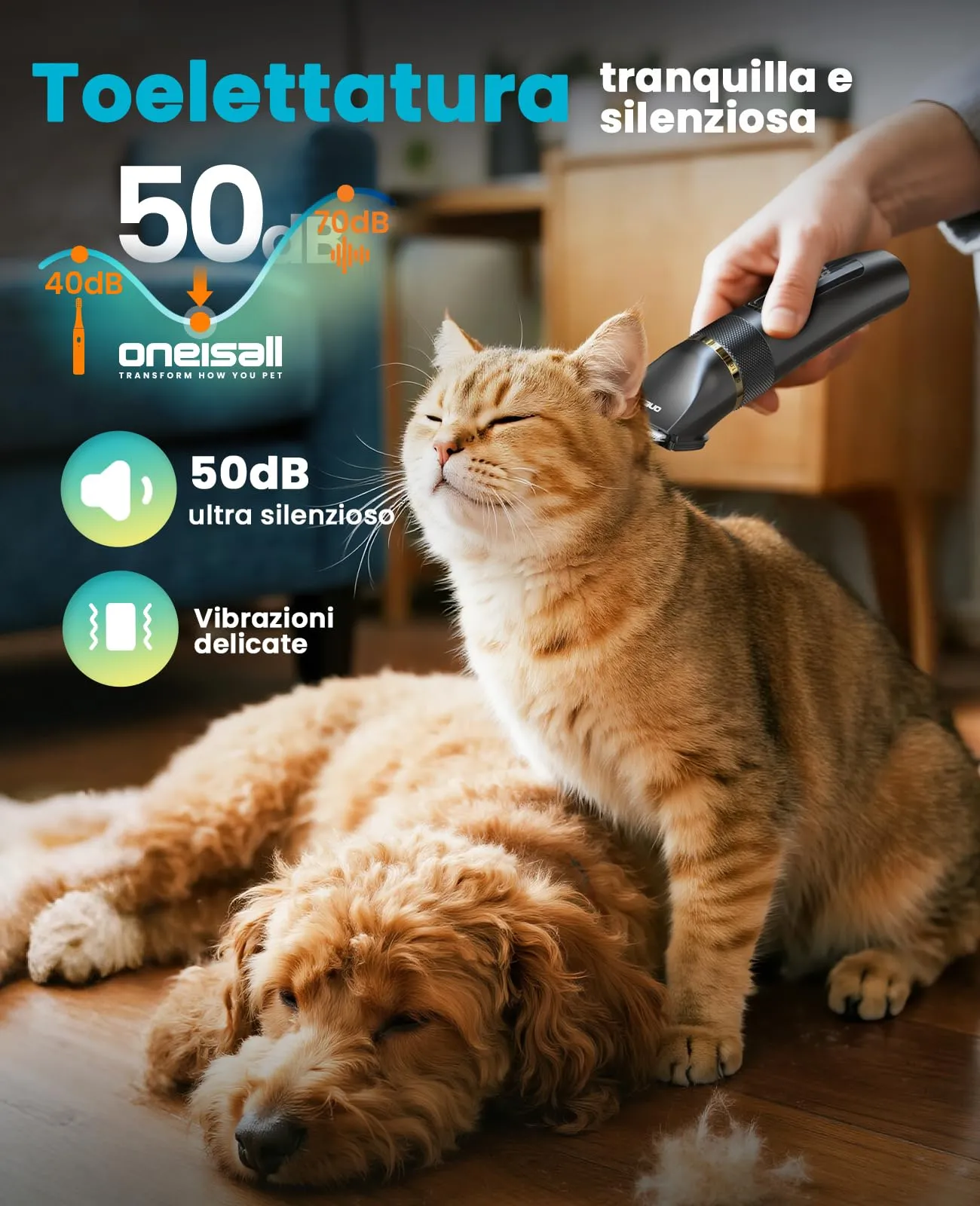 oneisall Silenzioso Tosatrice per Cani Aggiornamento Pro, Professionale Tosatrice per cani e gatti 2000mAh Ricaricabile, IPX7 Impermeabile Rasoio per cani per la Toelettatura a Casa - immagine 4