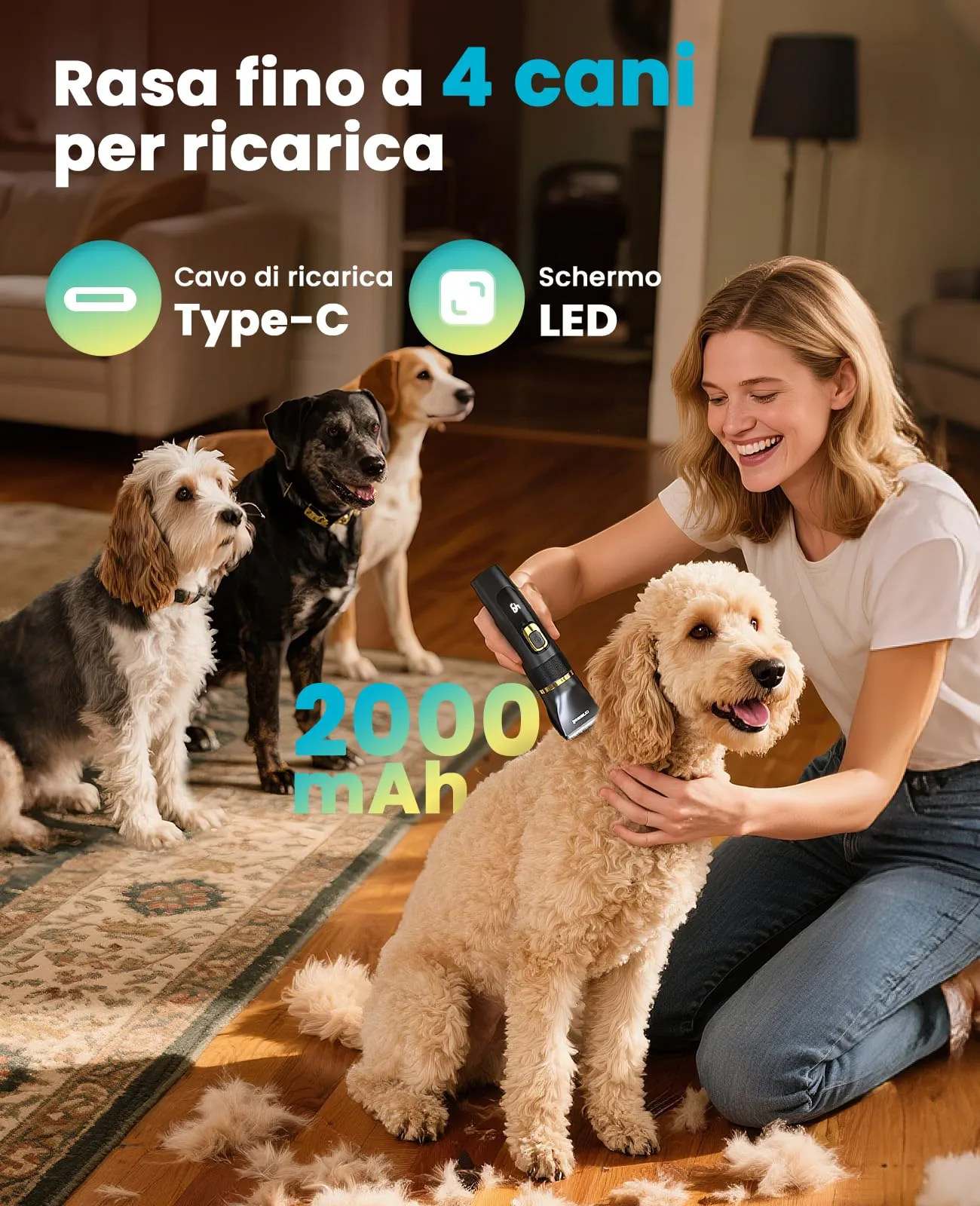 oneisall Silenzioso Tosatrice per Cani Aggiornamento Pro, Professionale Tosatrice per cani e gatti 2000mAh Ricaricabile, IPX7 Impermeabile Rasoio per cani per la Toelettatura a Casa - immagine 5