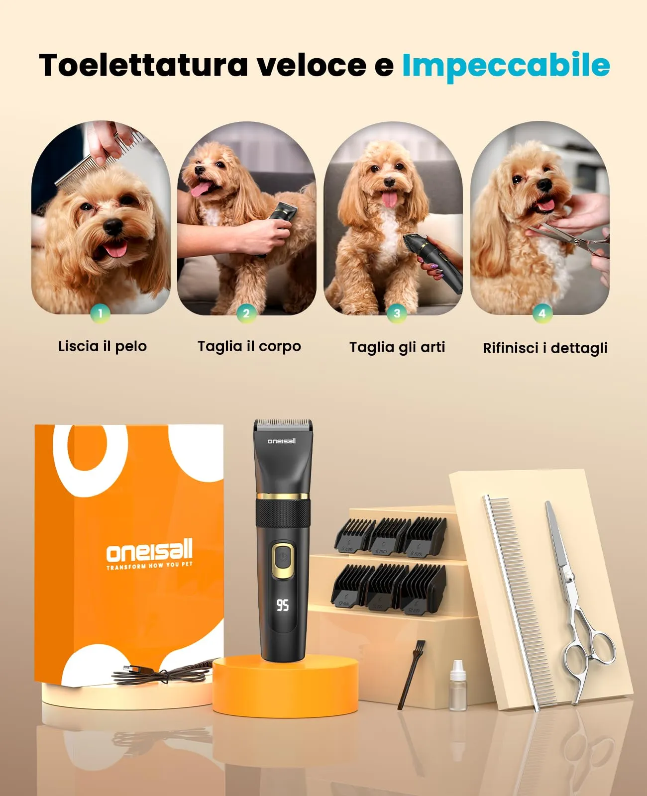 oneisall Silenzioso Tosatrice per Cani Aggiornamento Pro, Professionale Tosatrice per cani e gatti 2000mAh Ricaricabile, IPX7 Impermeabile Rasoio per cani per la Toelettatura a Casa - immagine 8