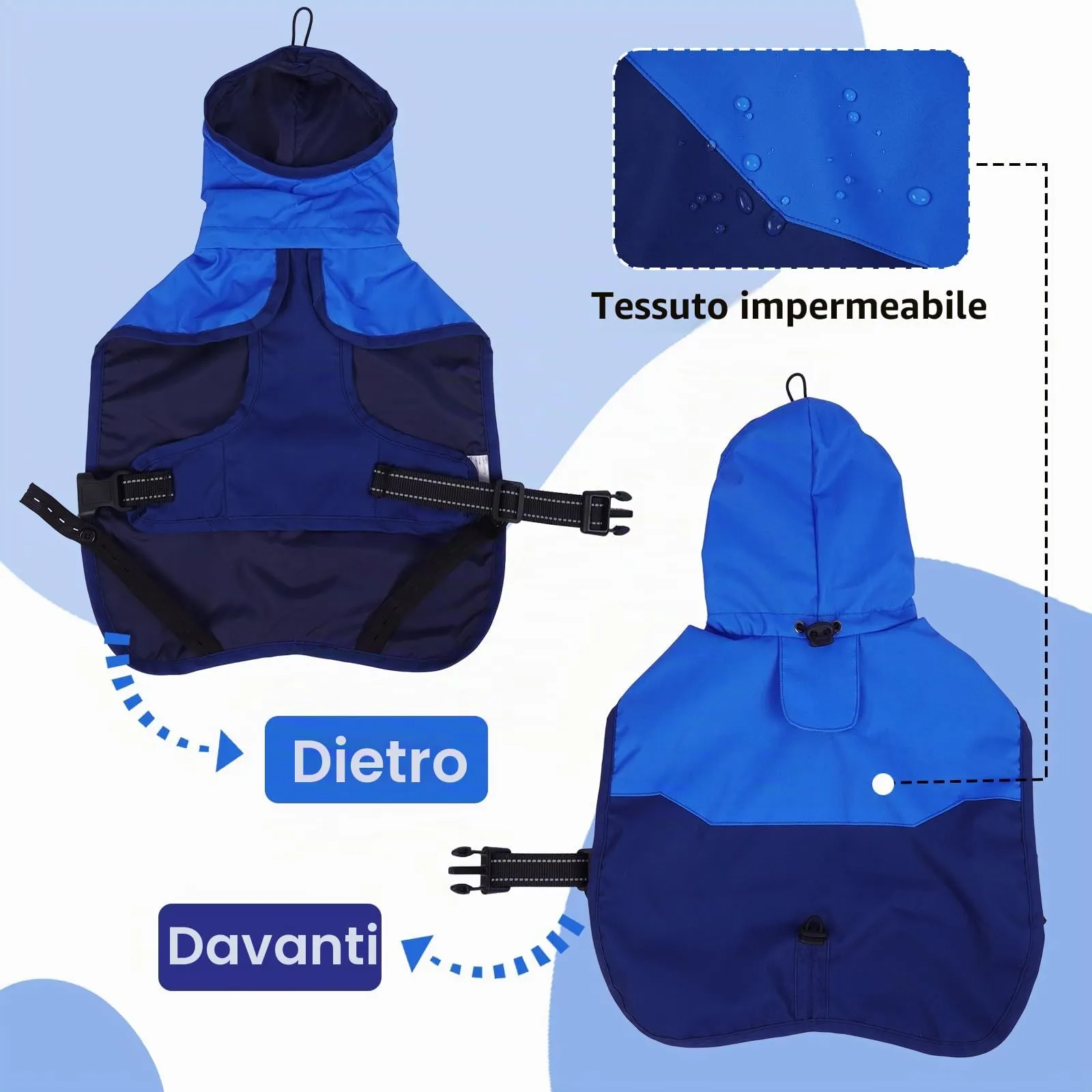 Impermeabile Cane Taglia Grande, Giacca Impermeabile Mantella Antipioggia Cani Leggera Vestito Impermeabile Catarifrangente con Apertura per Guinzaglio(Blu, XL) - immagine 3