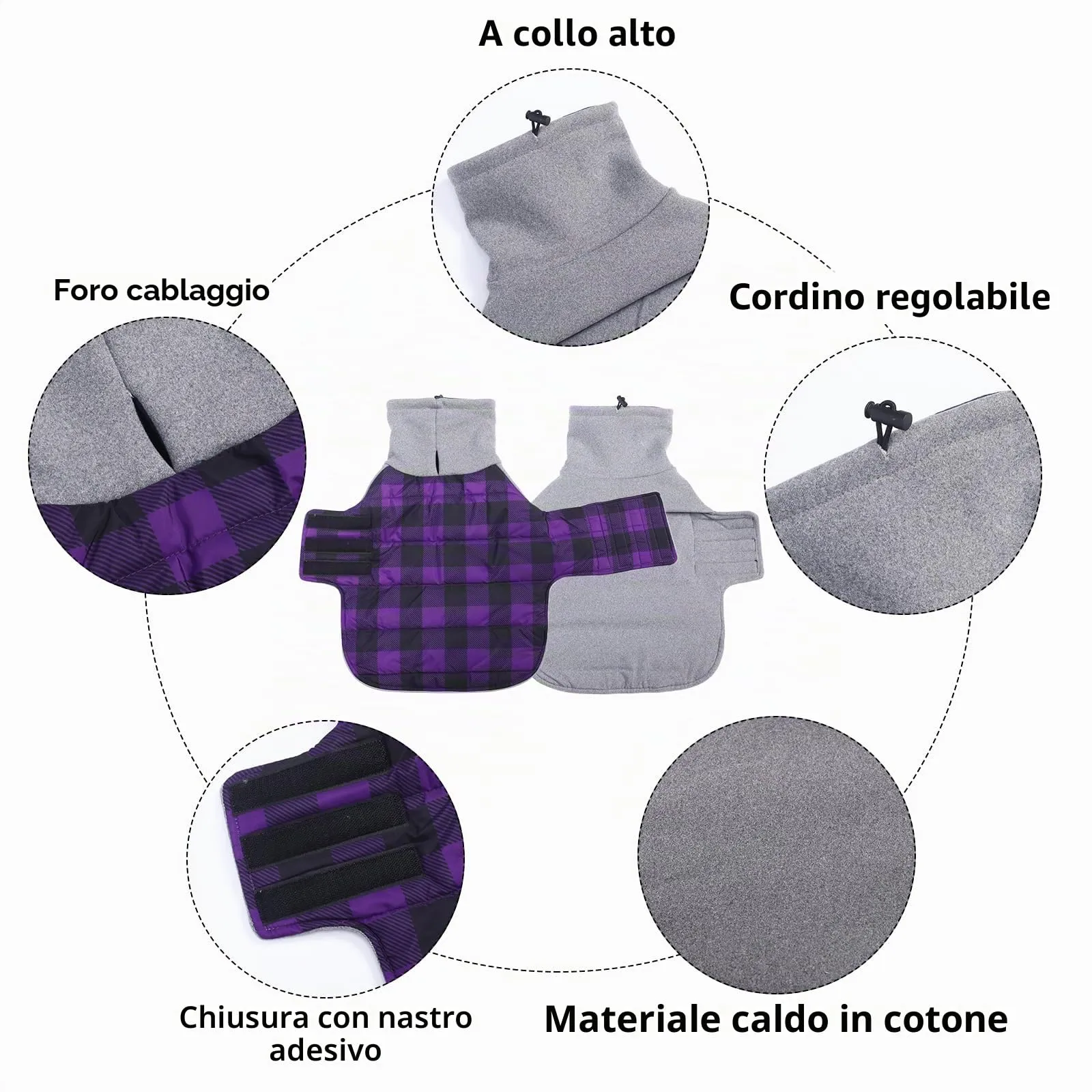 Geyecete Impermeabile Cappotto Bassotto cane,Giacca invernale per bassotto,Regolabile Caldo pullover per Cani,Collo Alto Cappotto da cucciolo,Stile Quadri Inglese-Viola Quadri-M - immagine 2
