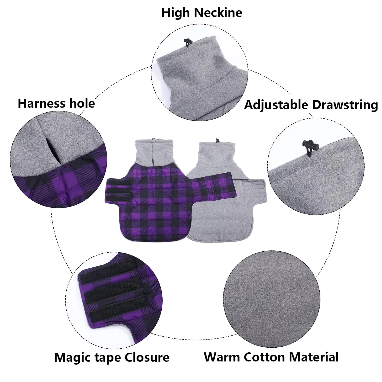 Geyecete Impermeabile Cappotto Bassotto cane,Giacca invernale per bassotto,Regolabile Caldo pullover per Cani,Collo Alto Cappotto da cucciolo,Stile Quadri Inglese-Viola Quadri-L - immagine 2