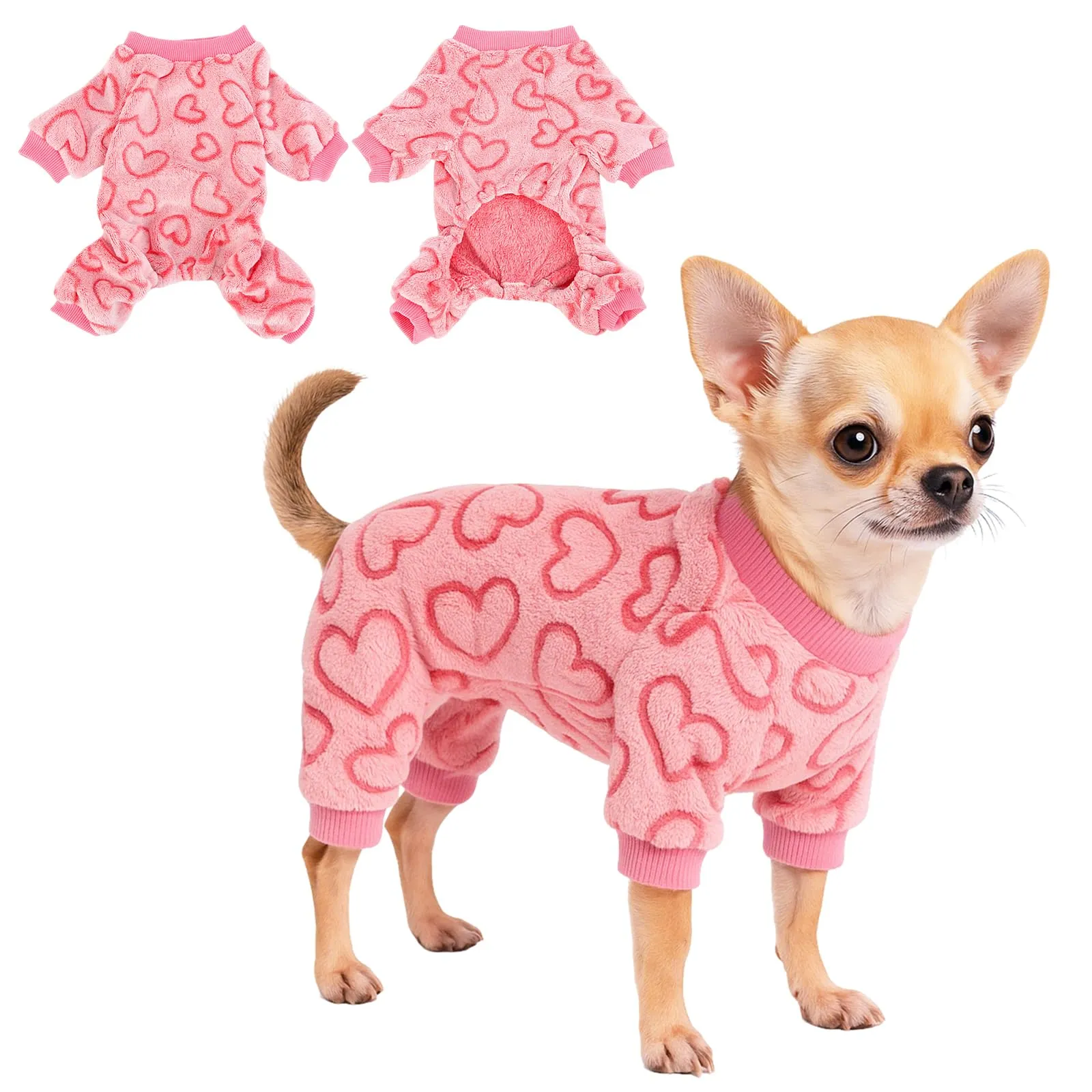 Yoolhamy Pigiama Cane Pile Cuore Taglia Piccola Caldo Rosa Morbido Cappottino Cane Taglia Piccola Vestito per Cani Chihuahua Vestiti (L) - immagine 1