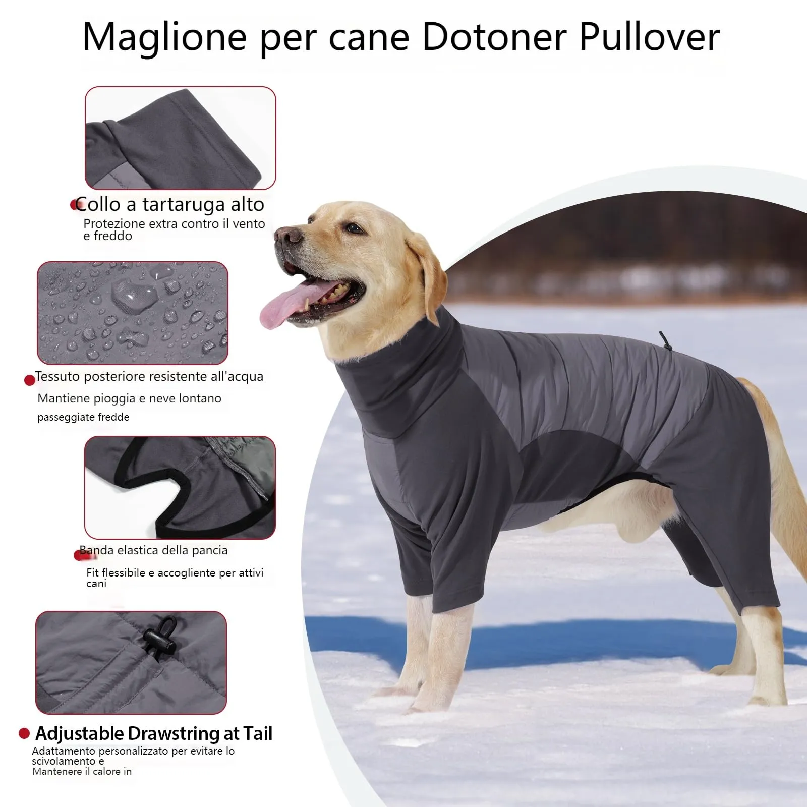 Dotoner Cappotto per Cane a 4 Zampe, Giacca Antivento Invernale con Materiale Elastico, Body Caldo con Passante per Guinzaglio, Pigiama Cani di Taglia Piccola Media e Grande - immagine 3