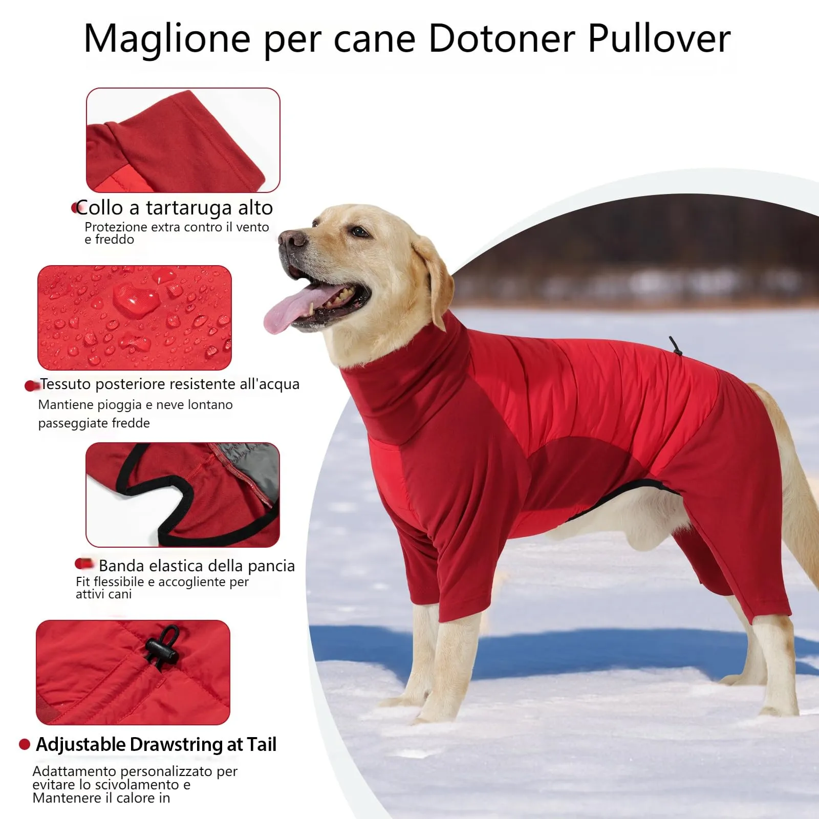 Dotoner Cappotto per Cane a 4 Zampe, Giacca Antivento Invernale con Materiale Elastico, Body Caldo con Passante per Guinzaglio, Pigiama Cani di Taglia Piccola Media e Grande - immagine 3