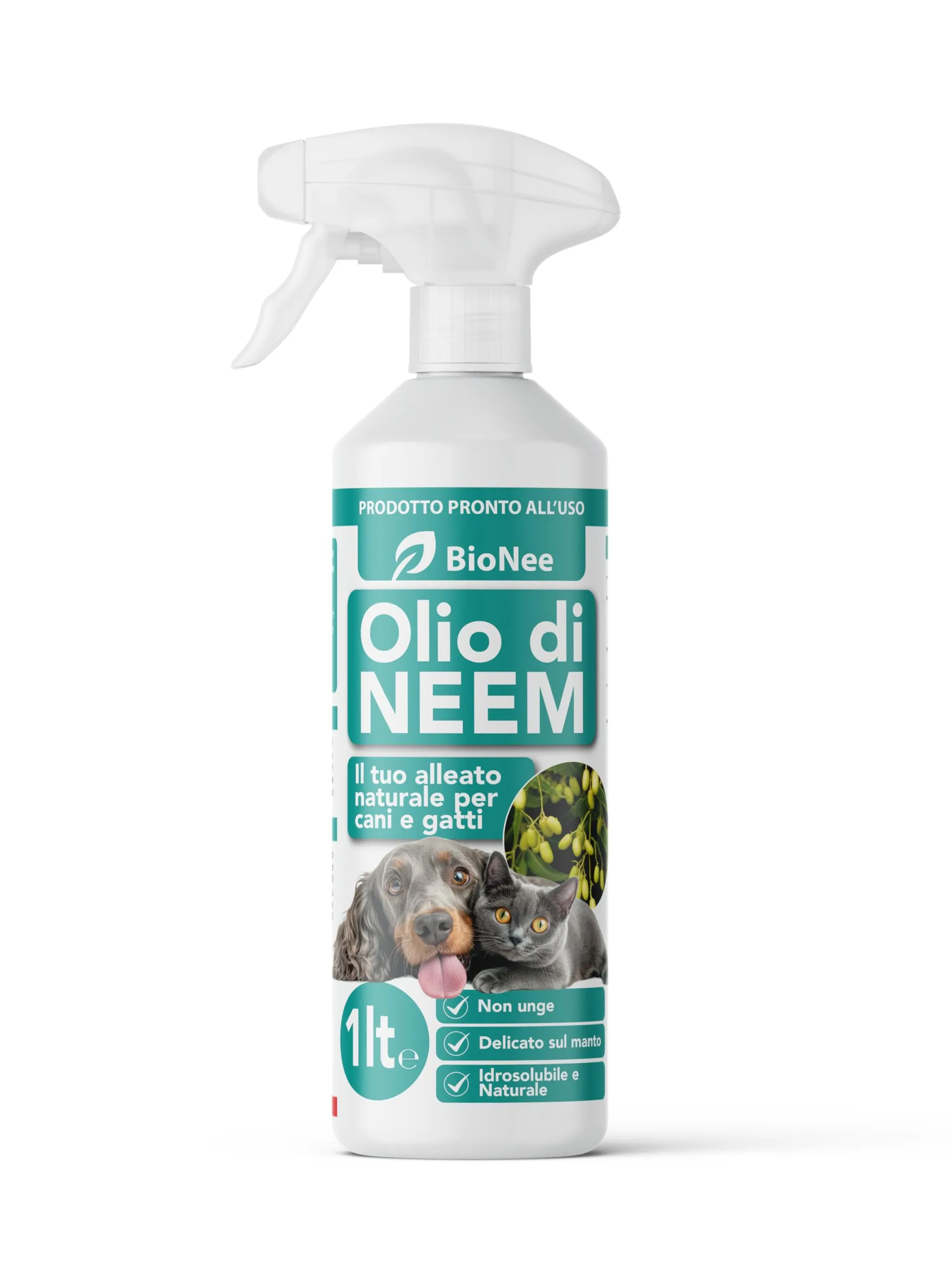 Olio di Neem per Cani e Gatti Spray – Idrosolubile, Naturale, Non Unge – Azione Delicata, Effetto Barriera Sgradito a Zecche Pulci Zanzare Insetti (1 litro) - immagine 2