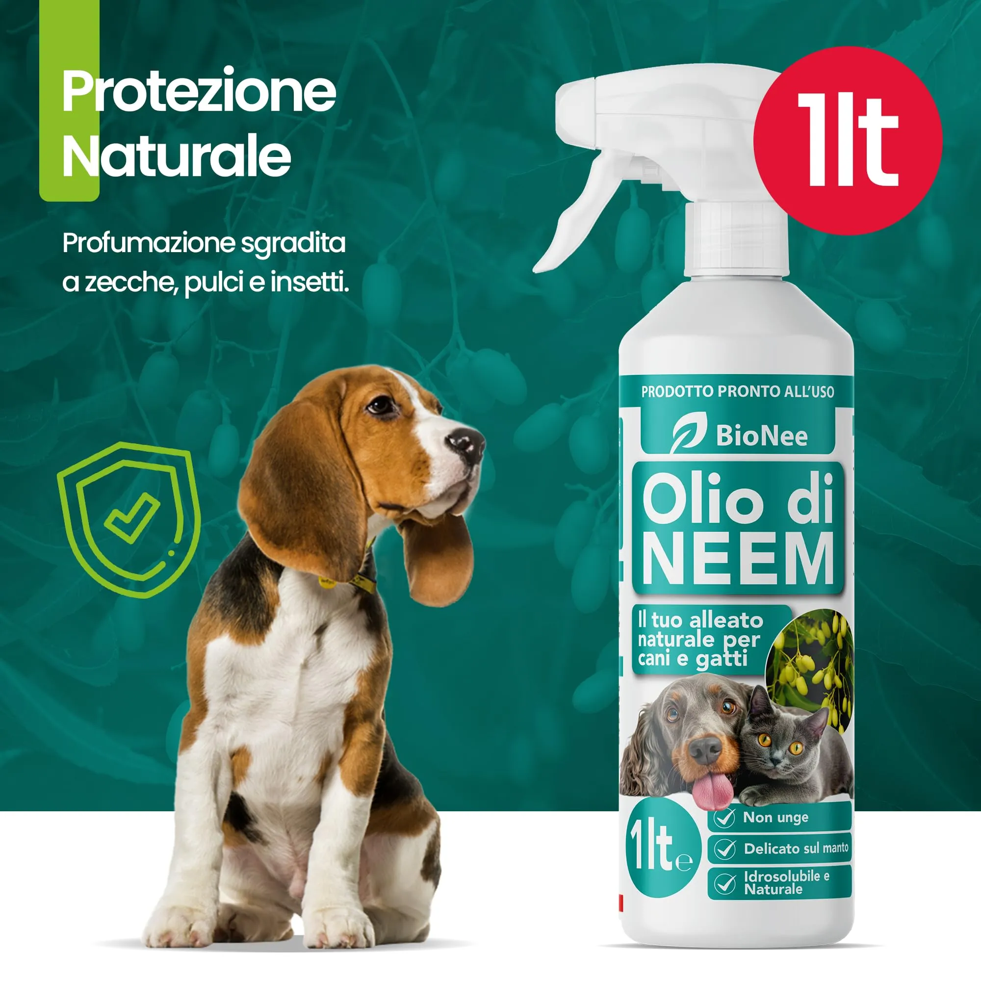 Olio di Neem per Cani e Gatti Spray – Idrosolubile, Naturale, Non Unge – Azione Delicata, Effetto Barriera Sgradito a Zecche Pulci Zanzare Insetti (1 litro) - immagine 5