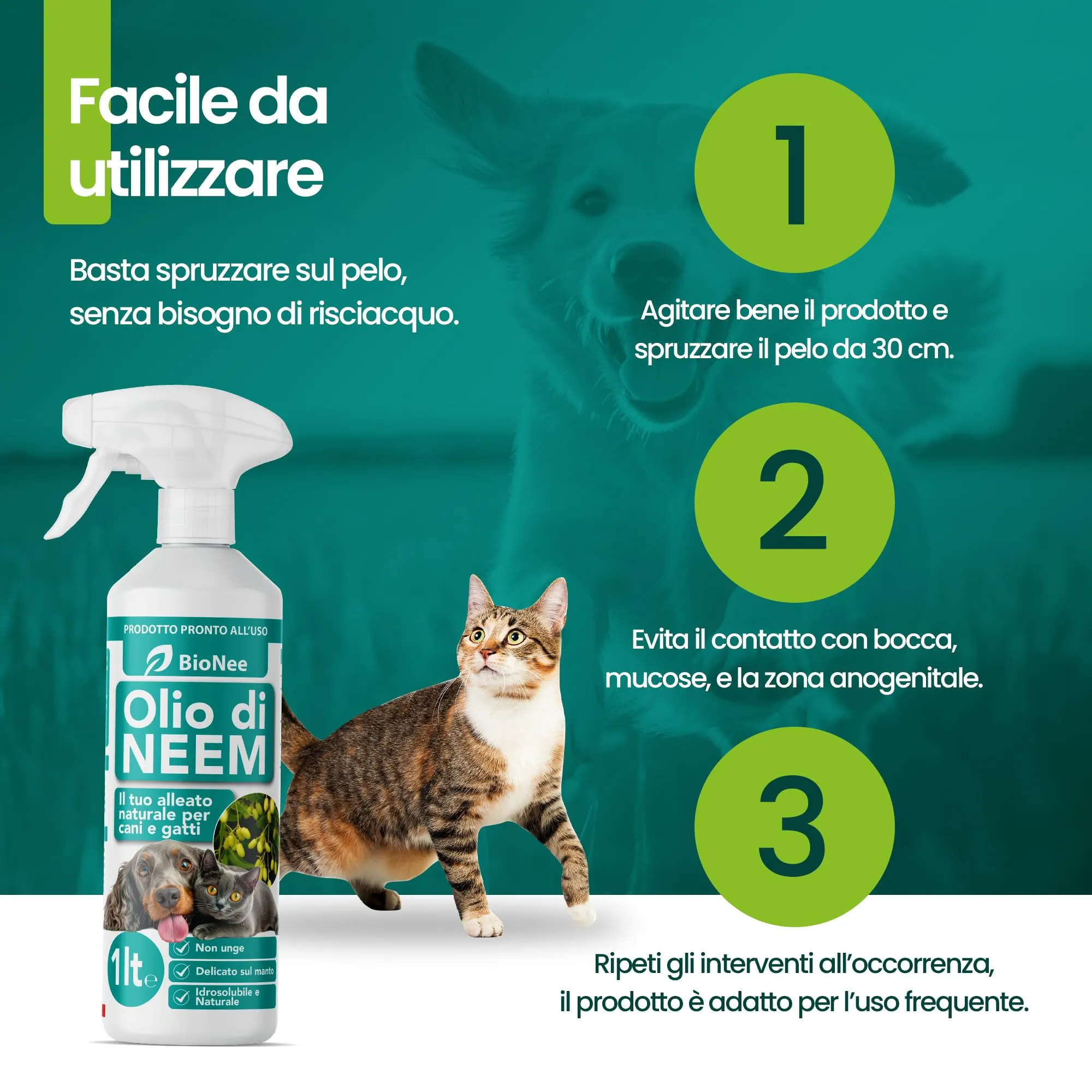 Olio di Neem per Cani e Gatti Spray – Idrosolubile, Naturale, Non Unge – Azione Delicata, Effetto Barriera Sgradito a Zecche Pulci Zanzare Insetti (1 litro) - immagine 6