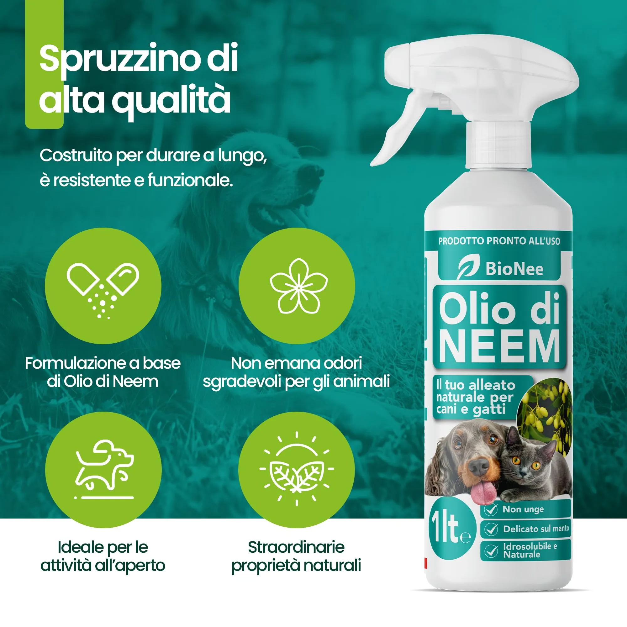 Olio di Neem per Cani e Gatti Spray – Idrosolubile, Naturale, Non Unge – Azione Delicata, Effetto Barriera Sgradito a Zecche Pulci Zanzare Insetti (1 litro) - immagine 7