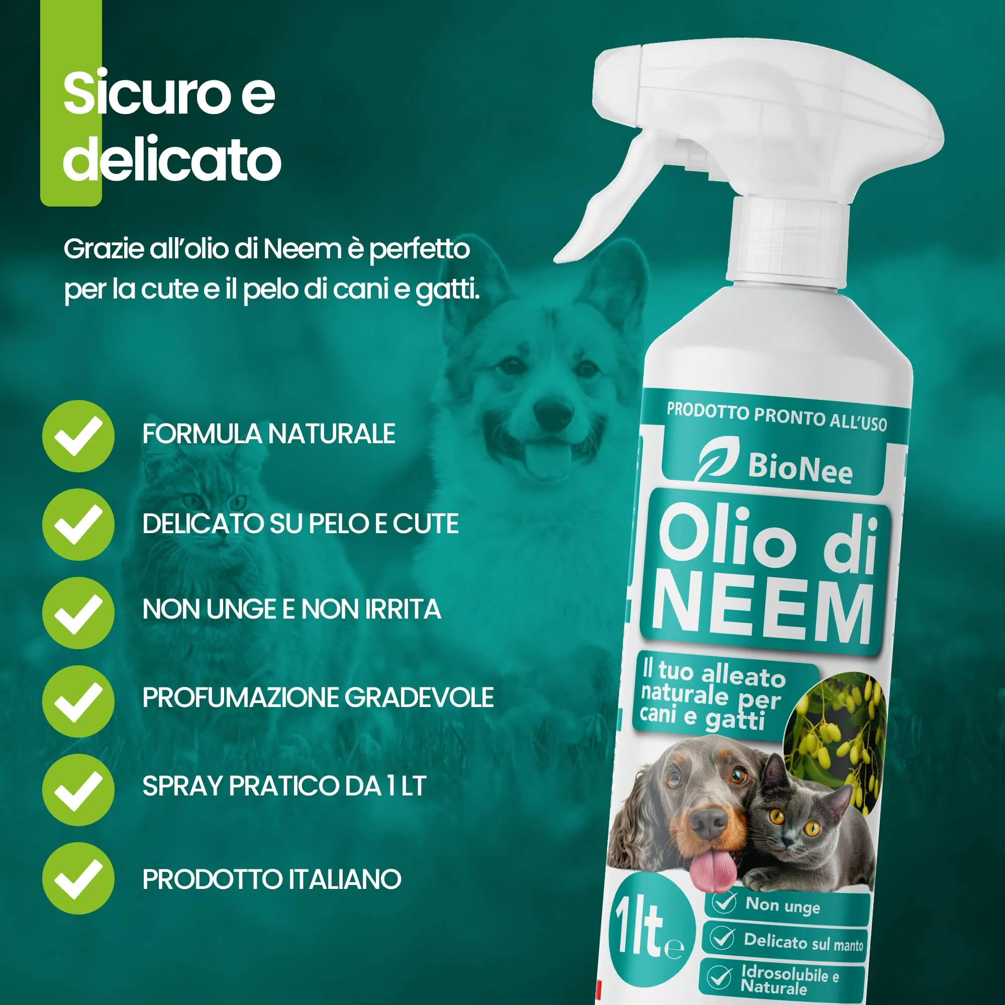 Olio di Neem per Cani e Gatti Spray – Idrosolubile, Naturale, Non Unge – Azione Delicata, Effetto Barriera Sgradito a Zecche Pulci Zanzare Insetti (1 litro) - immagine 12