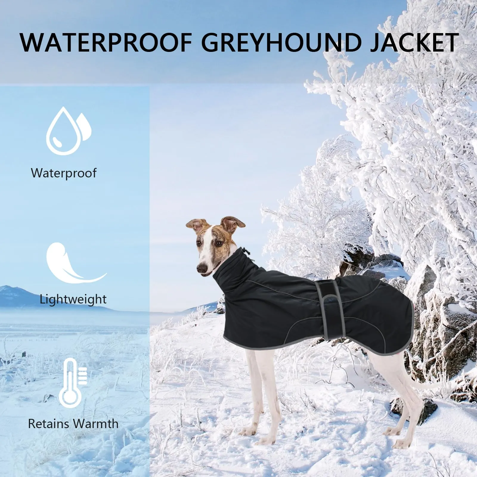 Geyecete Invernale Cappotto Cane Impermeabili per Levrieri,Pile Caldo Giubbotti per Whippet con Fasce Regolabili,Lurcher Pullover,per Media Grande Sighthound Cane -nero-M - immagine 3