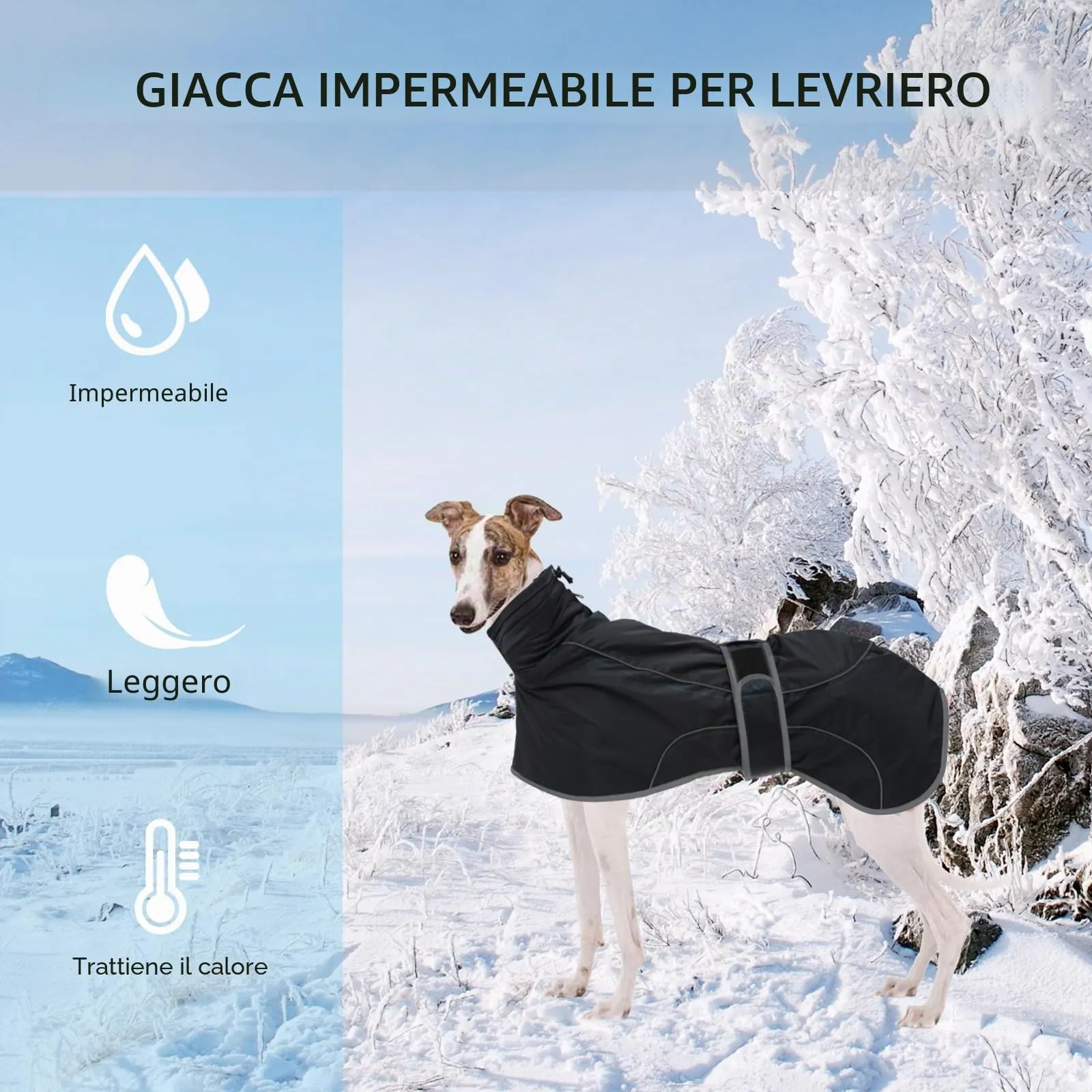 Geyecete Invernale Cappotto Cane Impermeabili per Levrieri,Pile Caldo Giubbotti per Whippet con Fasce Regolabili,Lurcher Pullover,per Media Grande Sighthound Cane -nero-S - immagine 3
