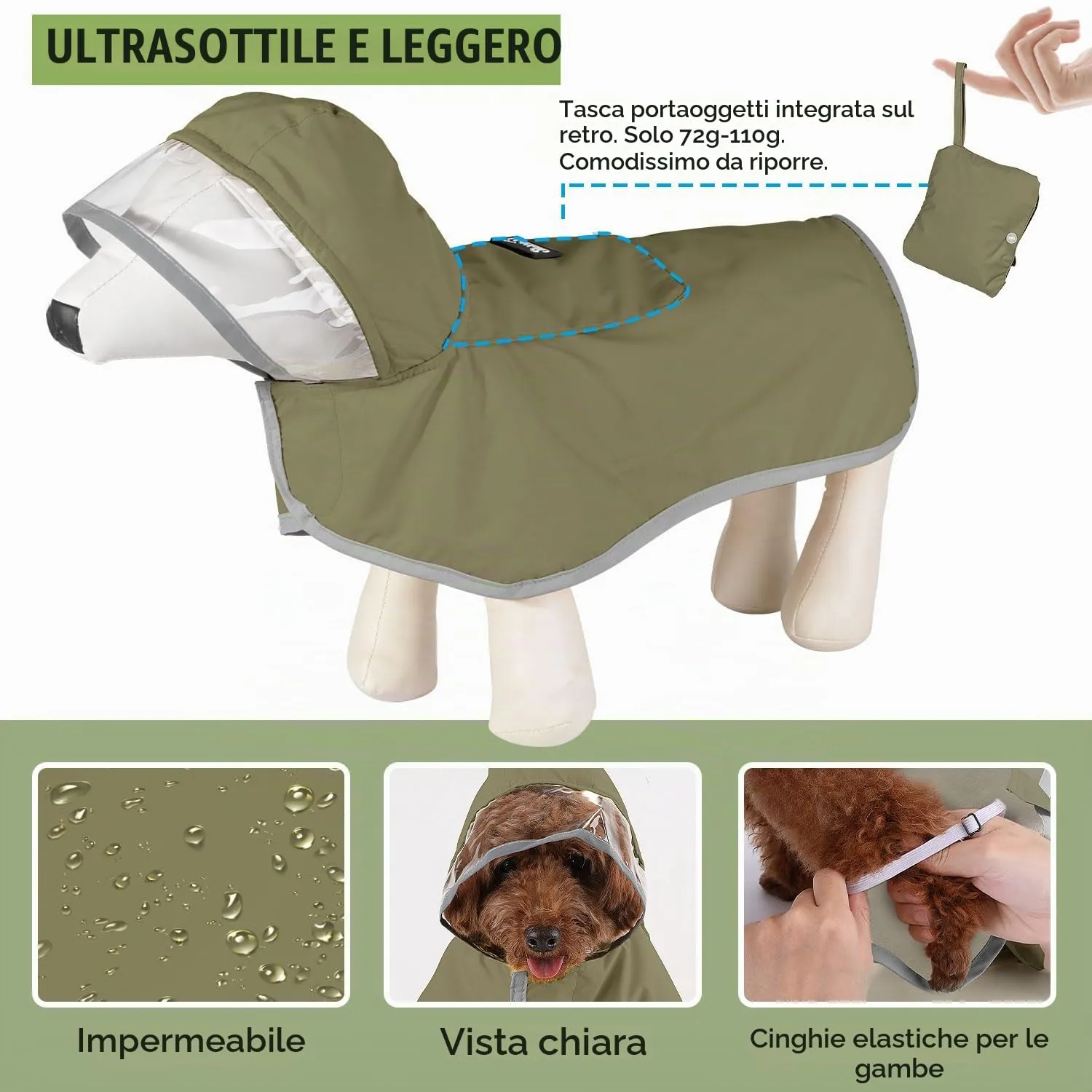 SlowTon Impermeabile per cani - Impermeabile leggero e portatile con cappuccio, giacca impermeabile con strisce riflettenti, poncho impermeabile regolabile senza maniche per cani di taglia piccola - immagine 5
