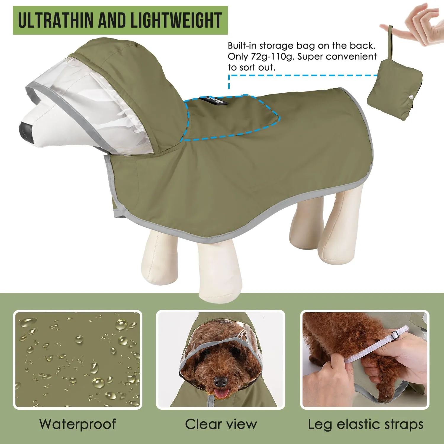 SlowTon Impermeabile per cani - Impermeabile leggero e portatile con cappuccio, giacca impermeabile con strisce riflettenti, poncho impermeabile regolabile senza maniche per cani di taglia piccola - immagine 5