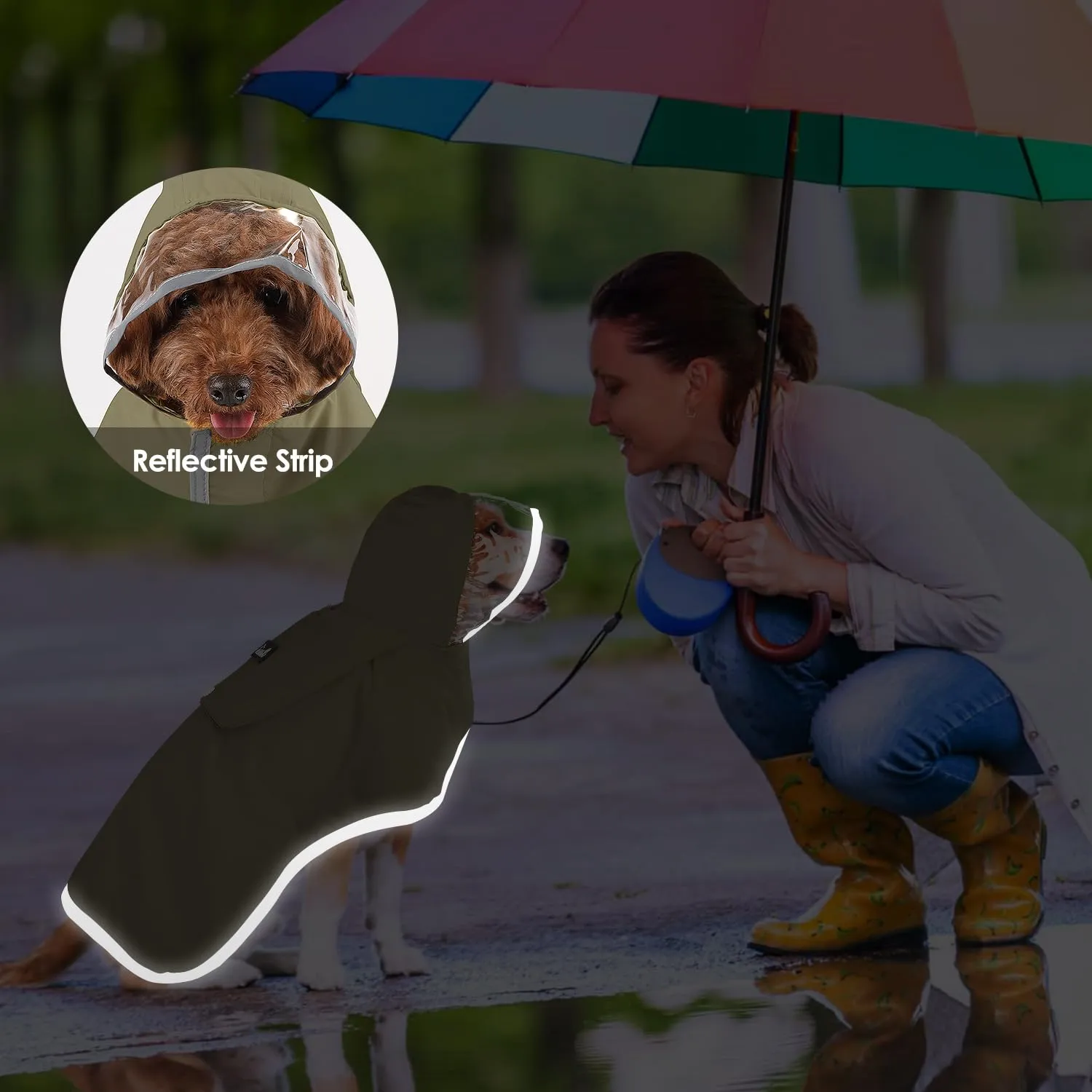 SlowTon Impermeabile per cani - Impermeabile leggero e portatile con cappuccio, giacca impermeabile con strisce riflettenti, poncho impermeabile regolabile senza maniche per cani di taglia piccola - immagine 7