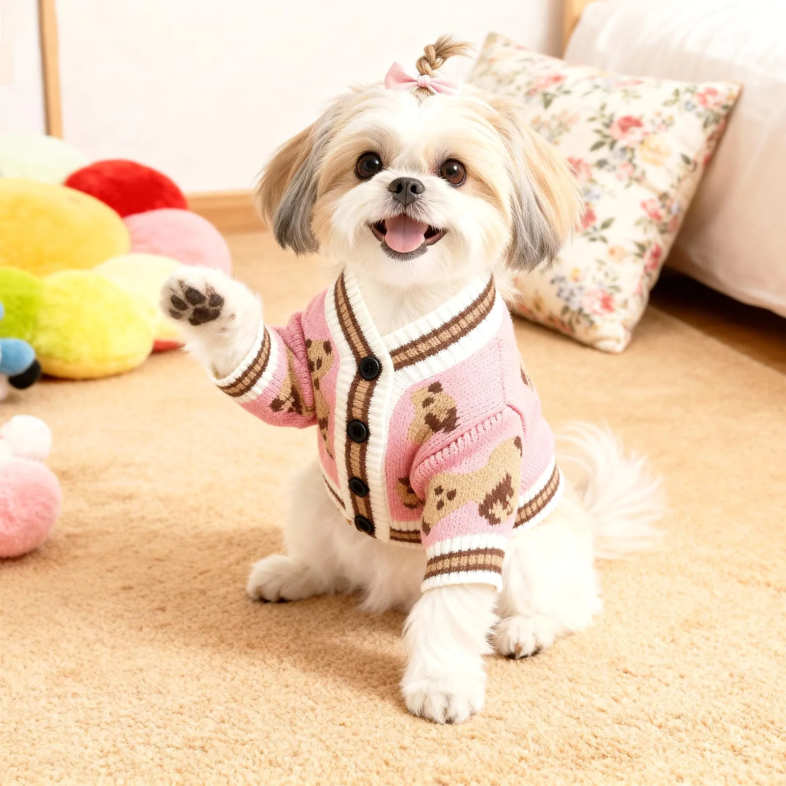Maglione Per Cani Piccoli Lavorato A Maglia Con Motivo Orso Morbido Rosa XS - immagine 5