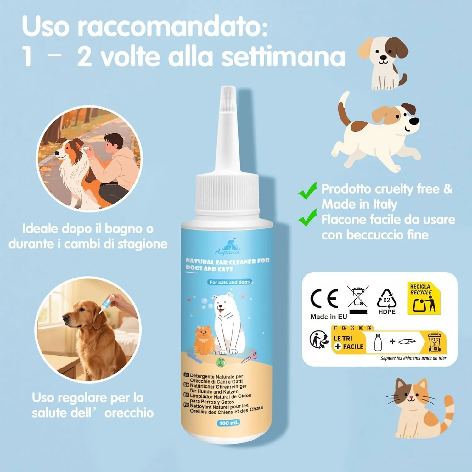 Aspand Gocce Pulisci Orecchie Cane Rimuove Cerume Odore Prurito 100ml - immagine 6