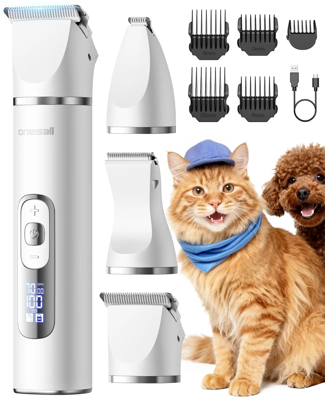 oneisall Tosatrice 3 in 1 per cani e gatti, silenziosa per cani, display LCD, tagliazampe e peli per cani, zampe, occhi, orecchie, viso - immagine 1