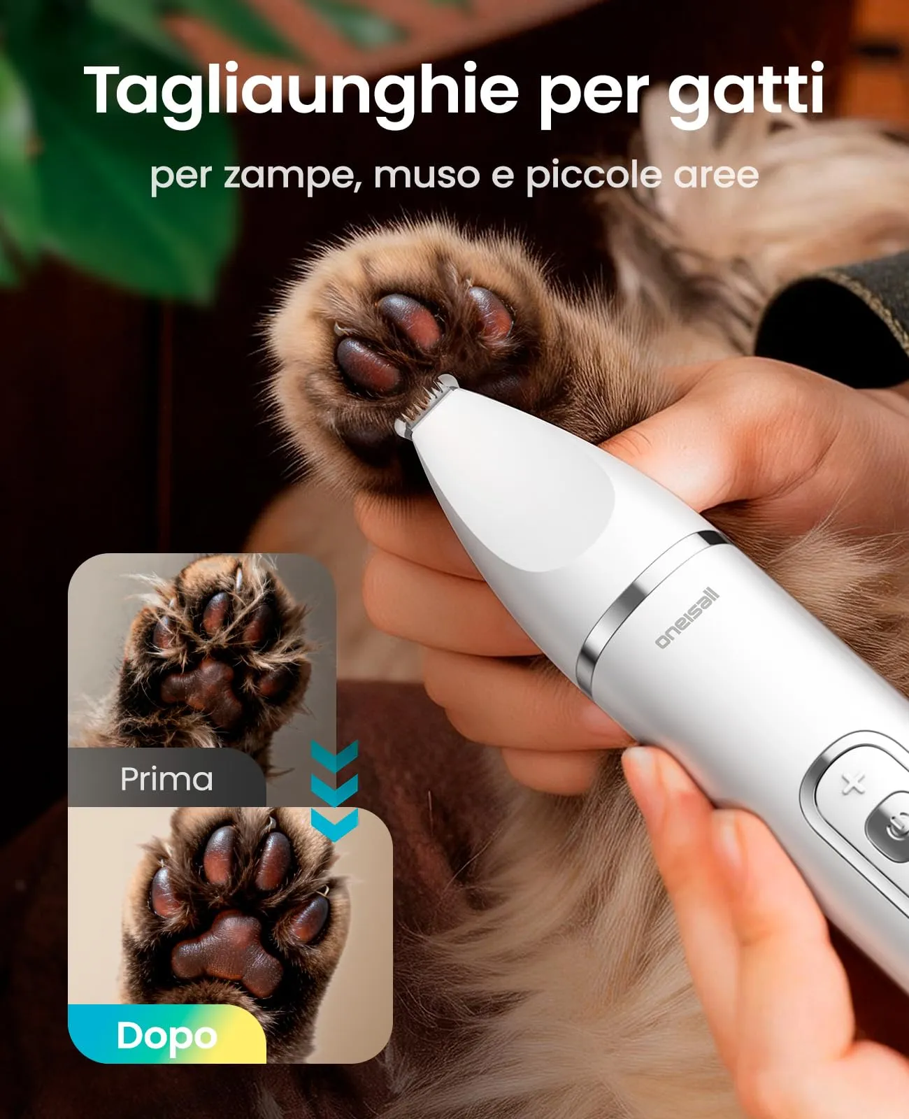 oneisall Tosatrice 3 in 1 per cani e gatti, silenziosa per cani, display LCD, tagliazampe e peli per cani, zampe, occhi, orecchie, viso - immagine 6