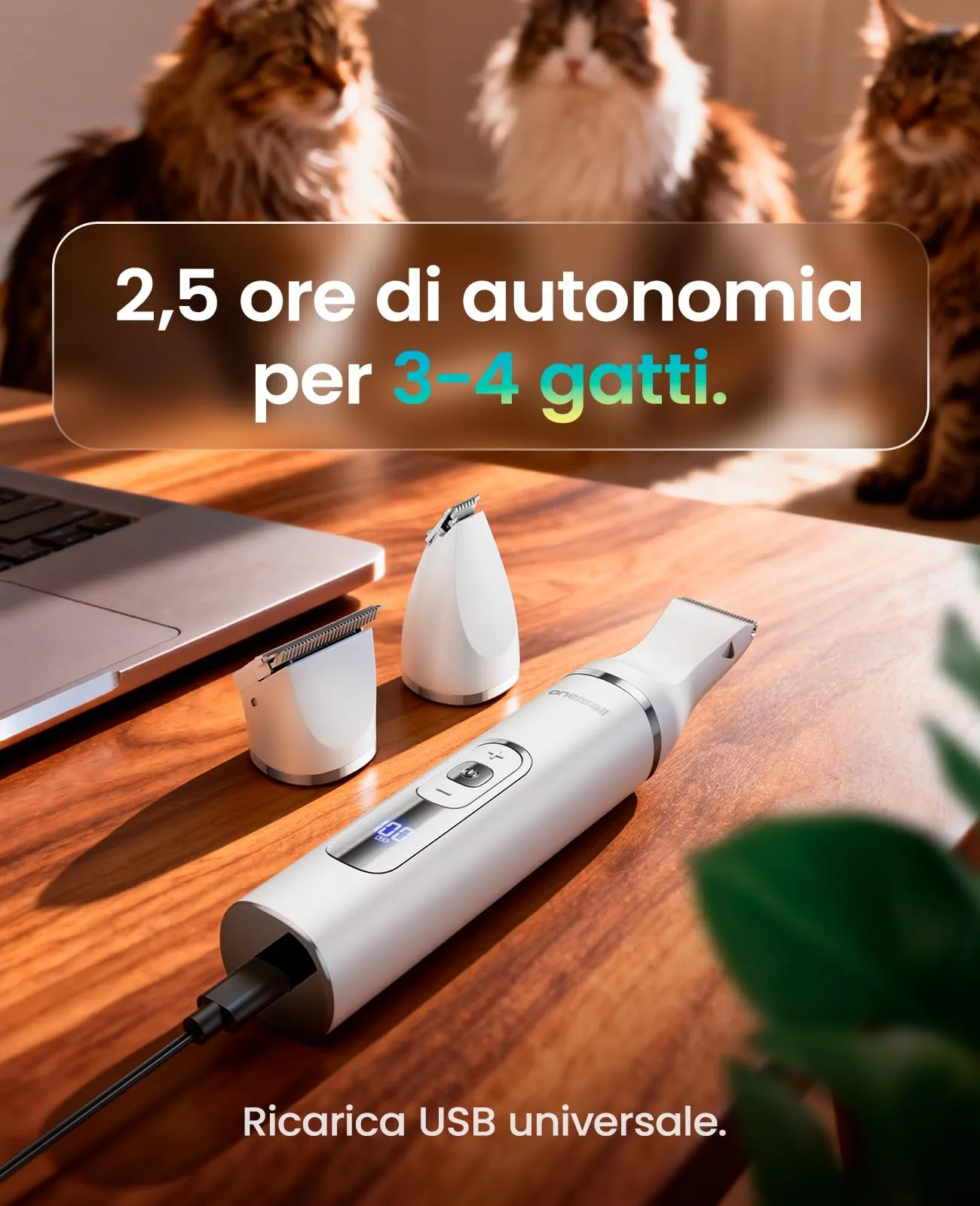 oneisall Tosatrice 3 in 1 per cani e gatti, silenziosa per cani, display LCD, tagliazampe e peli per cani, zampe, occhi, orecchie, viso - immagine 7