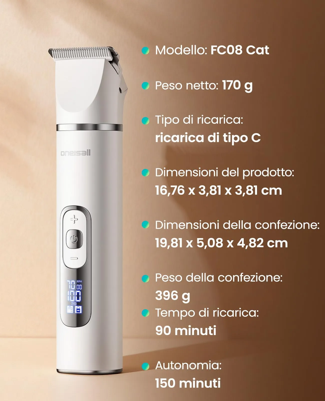 oneisall Tosatrice 3 in 1 per cani e gatti, silenziosa per cani, display LCD, tagliazampe e peli per cani, zampe, occhi, orecchie, viso - immagine 8