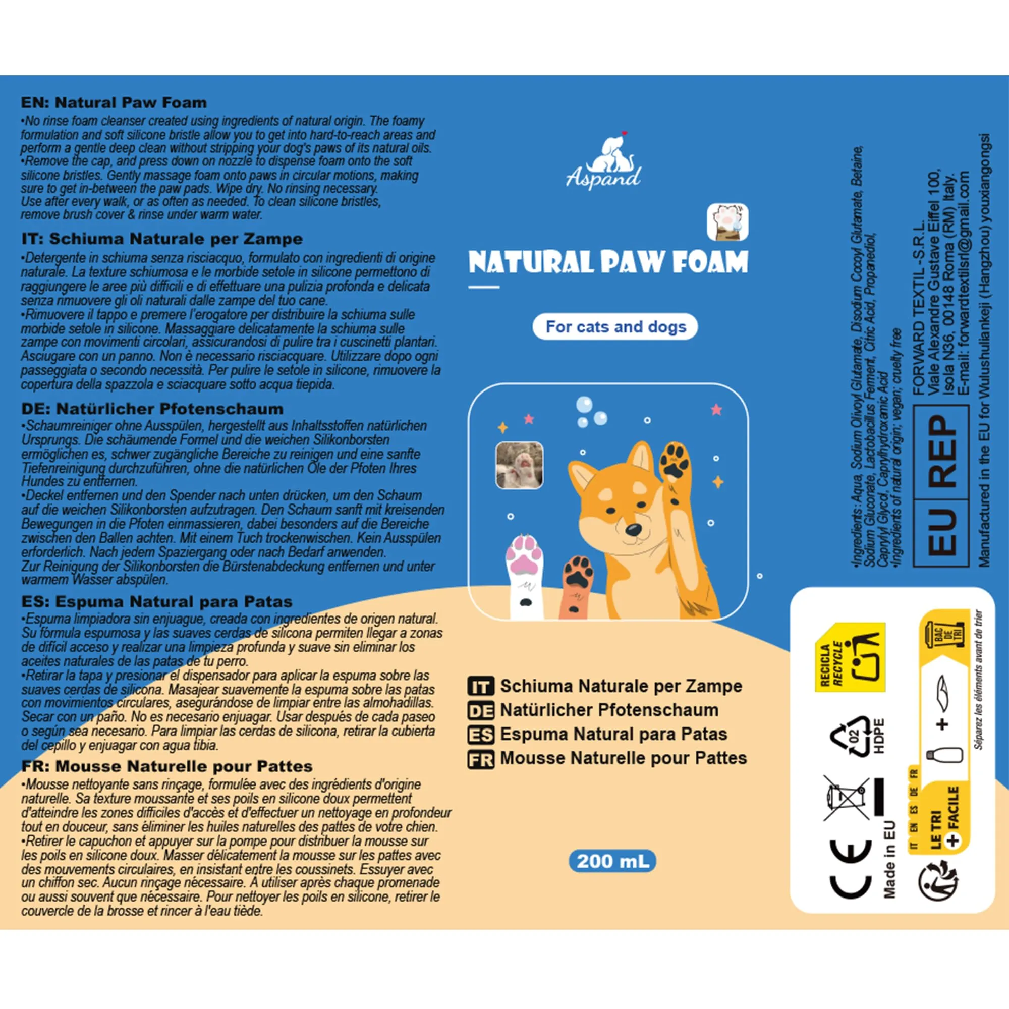 Aspand Detergente per Zampe per Cani e Gatti Senza Risciacquo 200ml - immagine 6