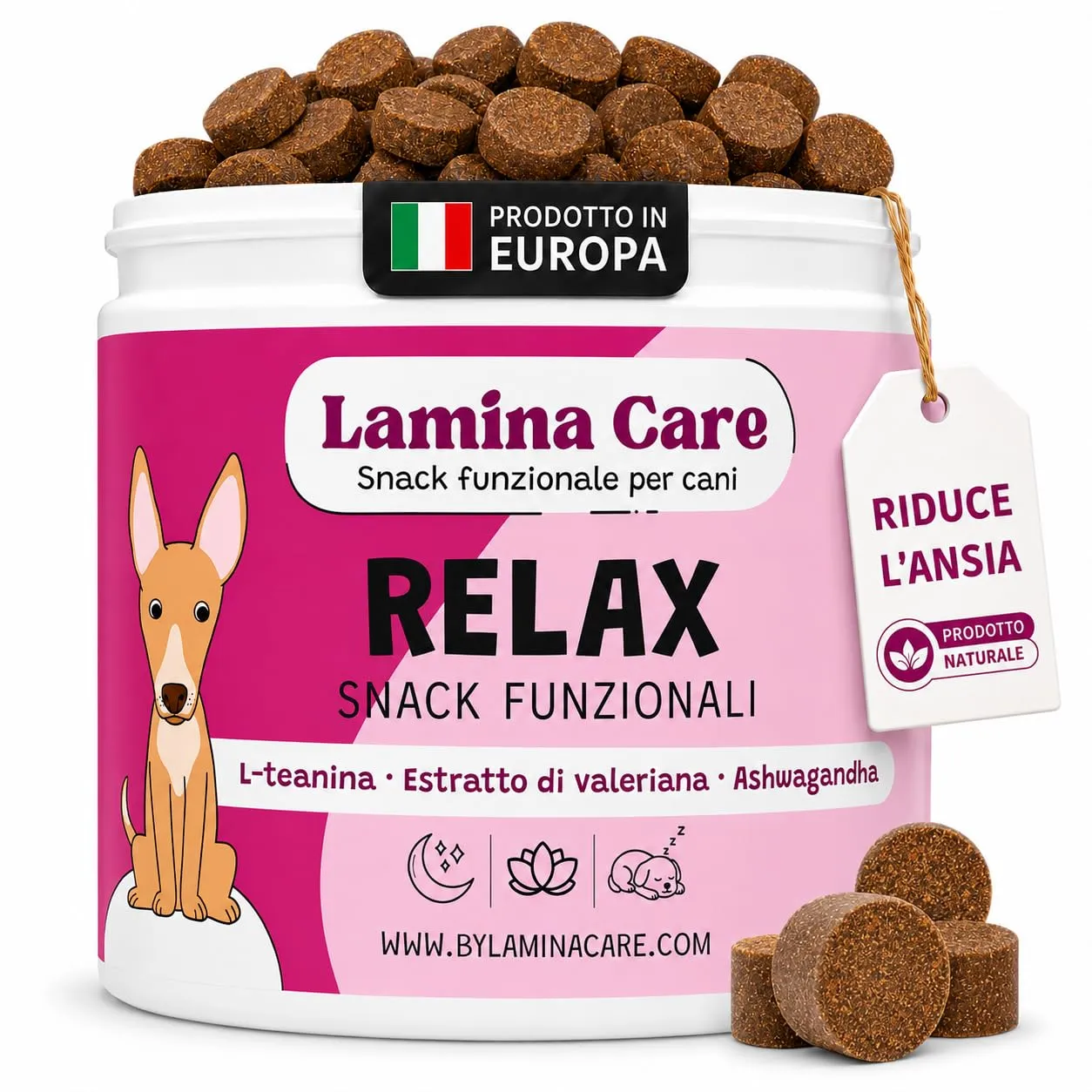 Lamina Care - Calmante per Cani in Snack - 90 Masticativi (270 g) con L-Teanina, Valeriana, Ashwagandha e Magnesio - Ansia, Stress, Botti e Temporali - 420 mg di Attivi per Snack - immagine 1