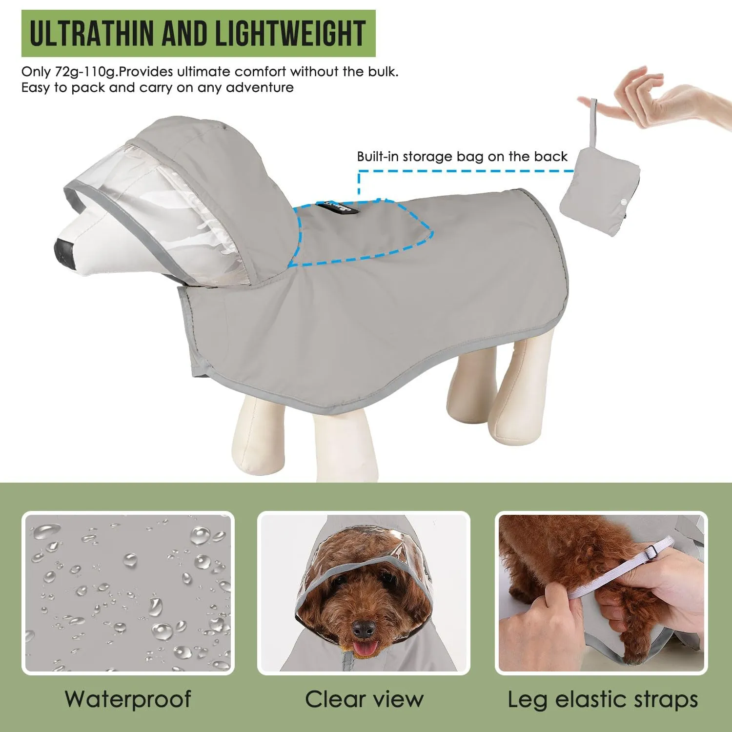 SlowTon Impermeabile per cani - Impermeabile leggero e portatile con cappuccio, giacca impermeabile con strisce riflettenti, poncho impermeabile regolabile senza maniche per cani di taglia piccola - immagine 5