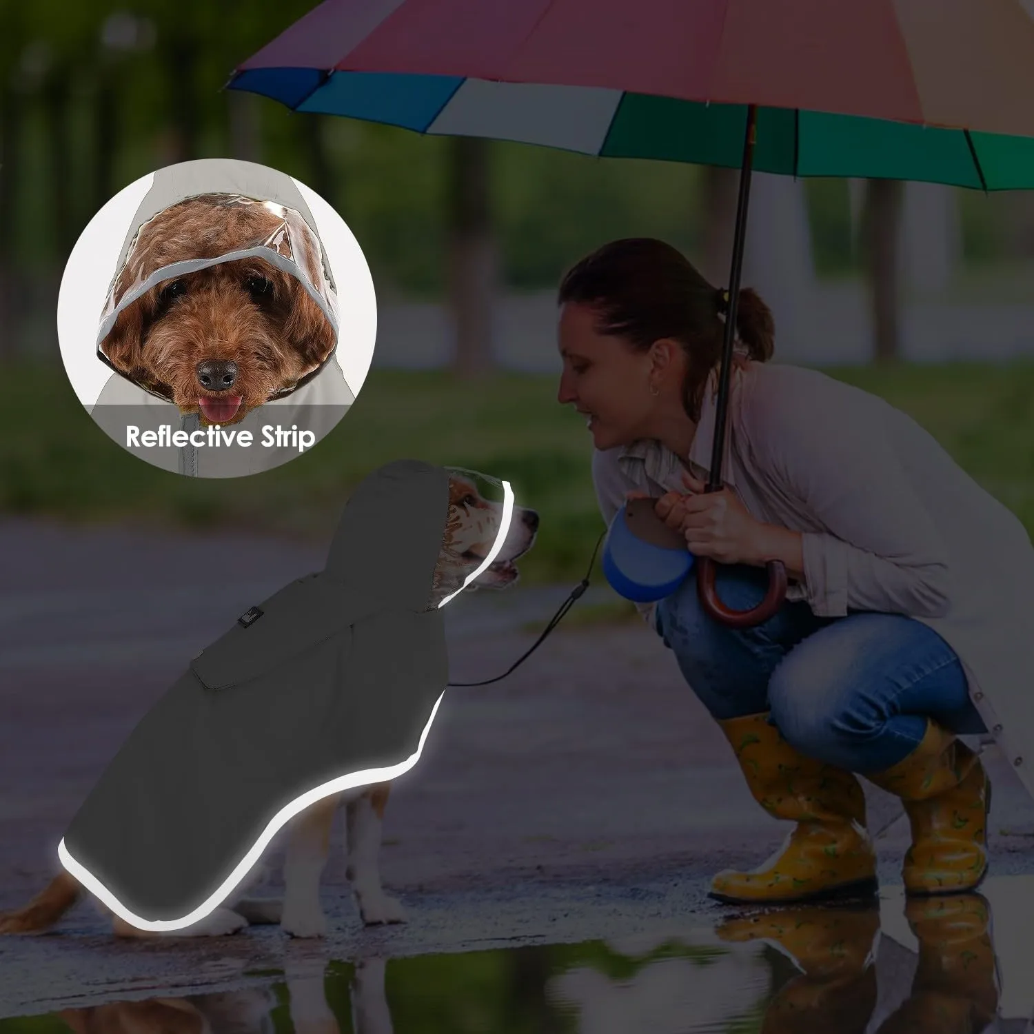 SlowTon Impermeabile per cani - Impermeabile leggero e portatile con cappuccio, giacca impermeabile con strisce riflettenti, poncho impermeabile regolabile senza maniche per cani di taglia piccola - immagine 7