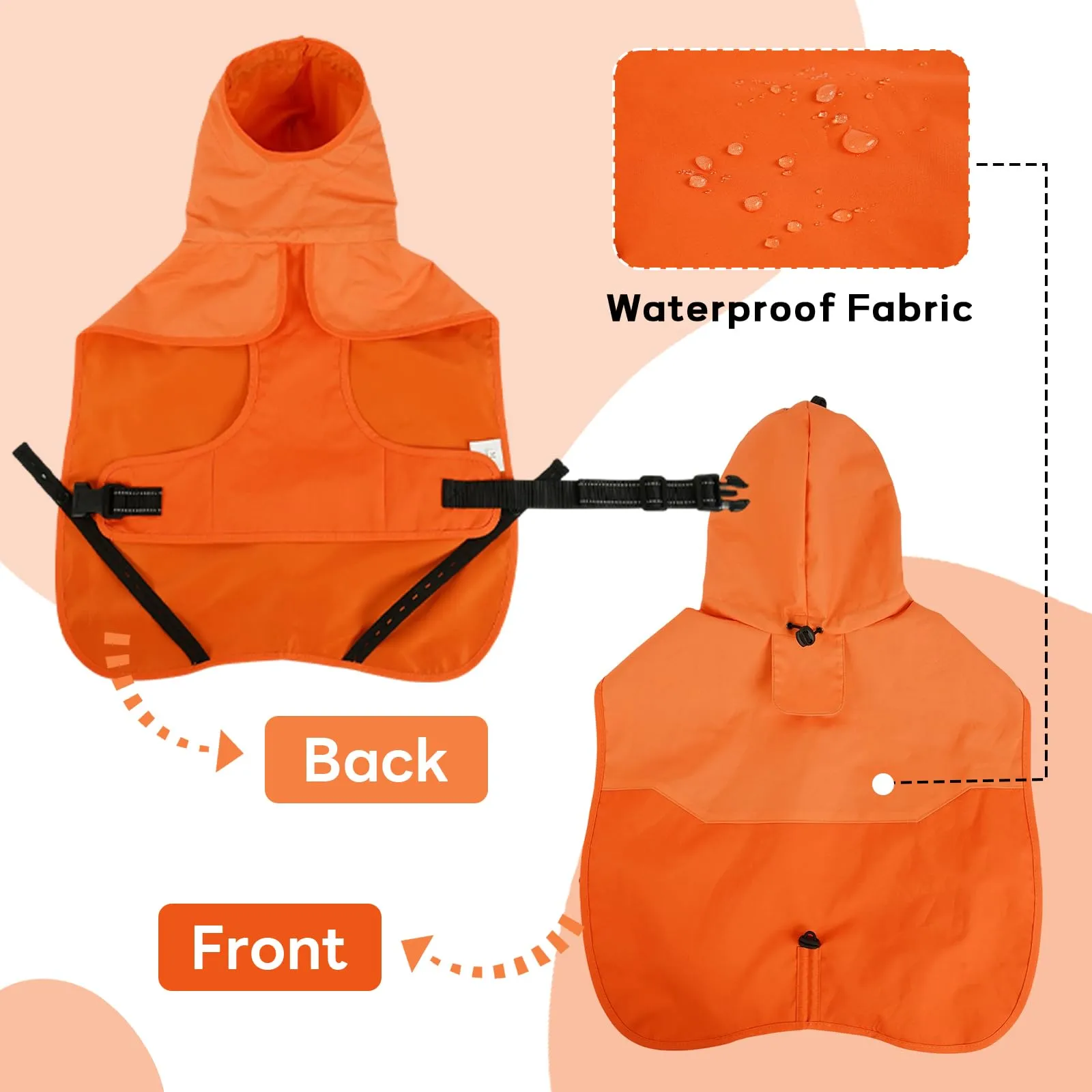 Giacca antipioggia per cani, impermeabile, regolabile, antivento, arancione, taglia 2XL - immagine 3