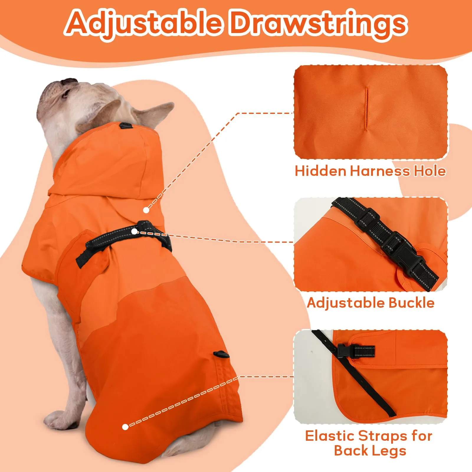 Giacca antipioggia per cani, impermeabile, regolabile, antivento, arancione, taglia 2XL - immagine 5