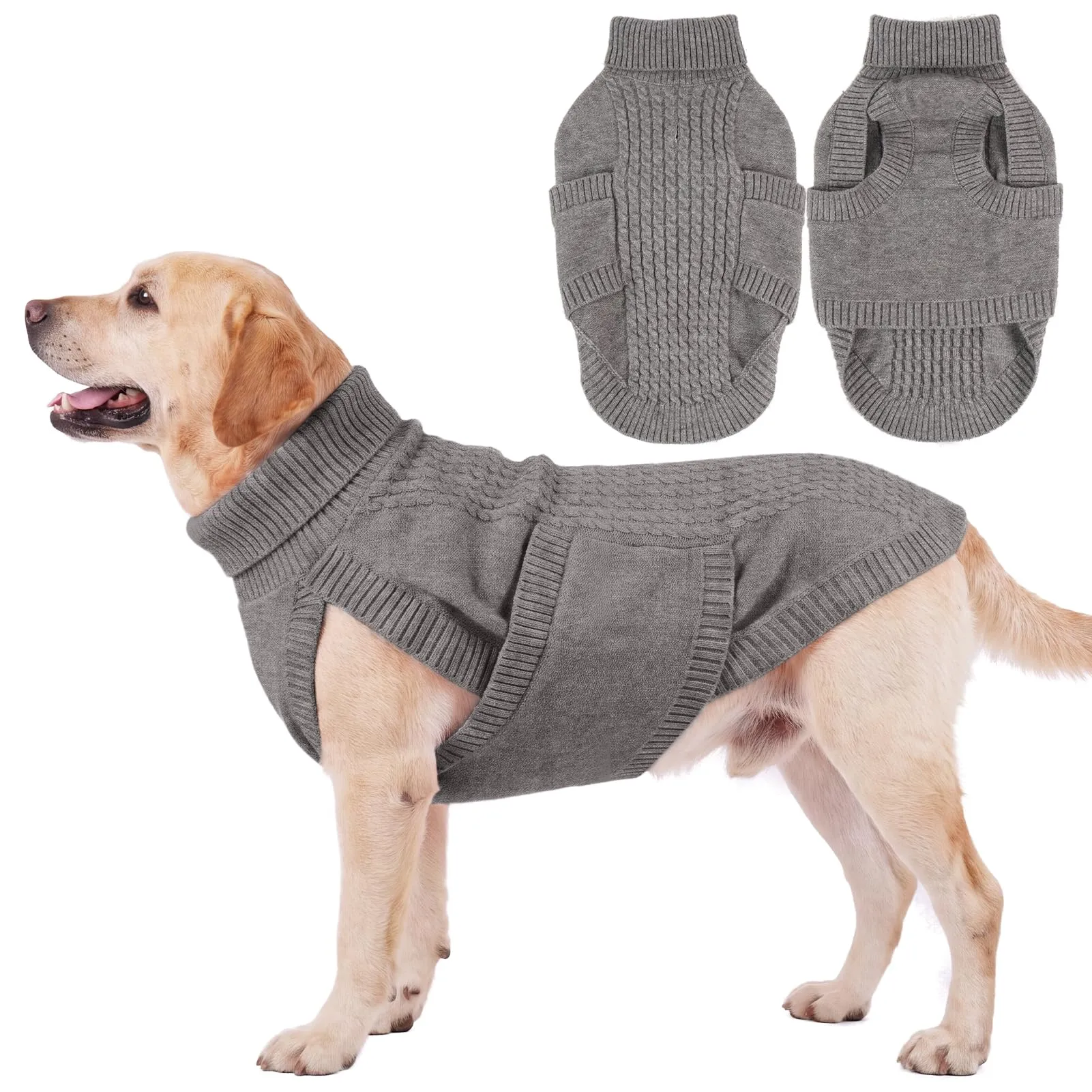 Hjumarayan Maglione per cani di taglia grande, maglione invernale lavorato a maglia con collo alto e apertura per imbracatura, maglione caldo invernale senza maniche, motivo intrecciato - immagine 1