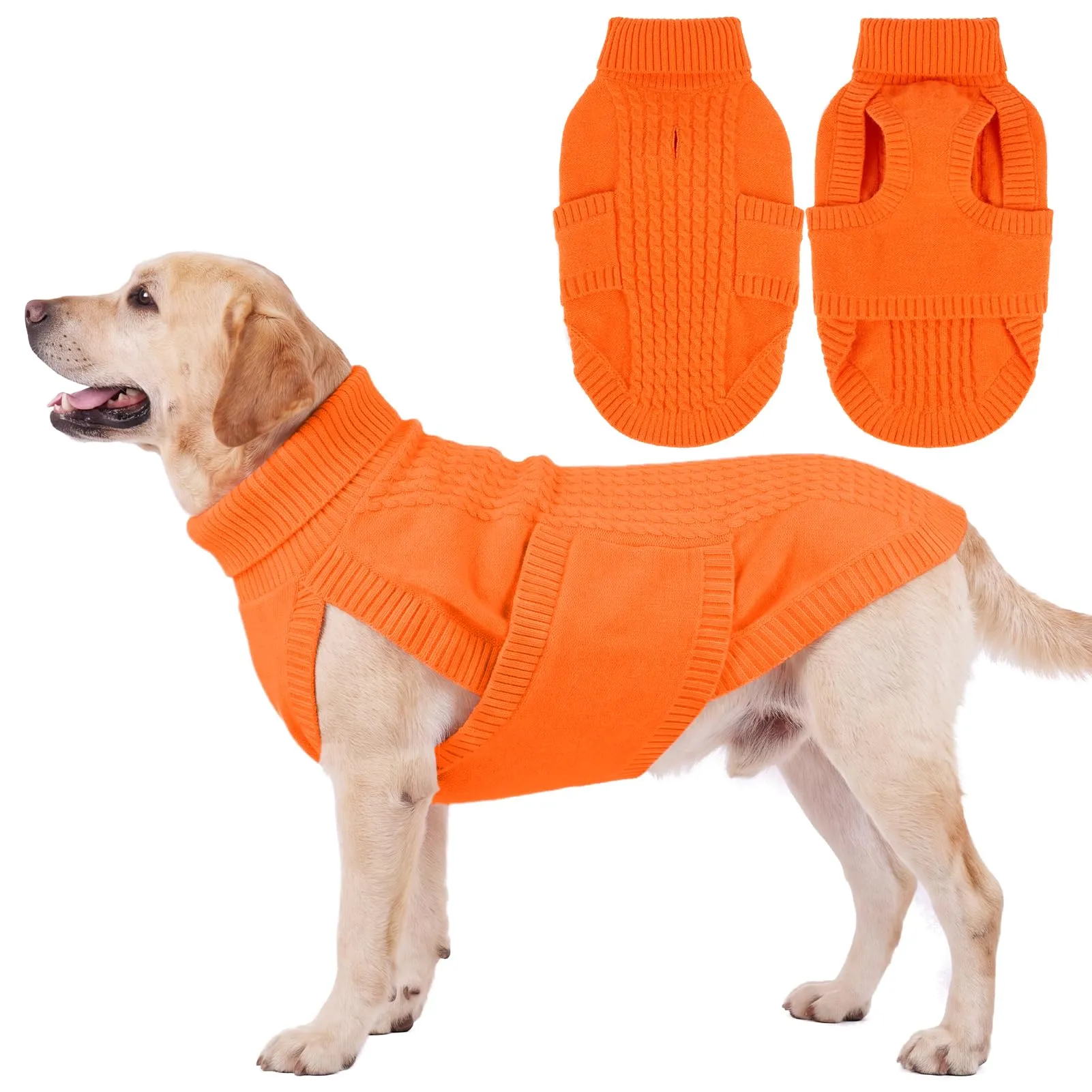Hjumarayan Maglione invernale per cani di taglia grande, lavorato a maglia, con collo alto e apertura per imbracatura, caldo, senza maniche, motivo a trecce, Border Collie, arancione, XXL - immagine 1