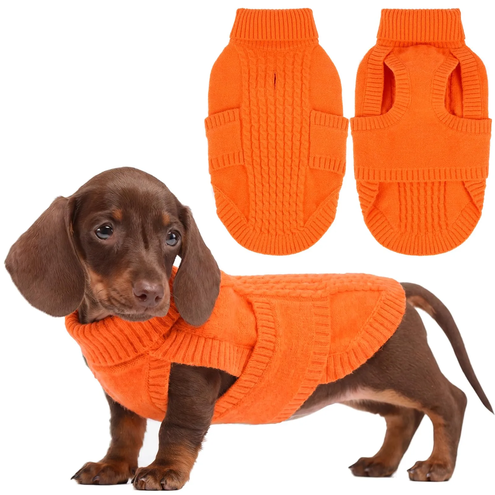 Hjumarayan - Maglione in tricot torto per cane di razza teckel miniature | Maglione caldo senza maniche con colletto arrotolabile | Abbigliamento invernale con foro per il guinzaglio | Tricot senza - immagine 1
