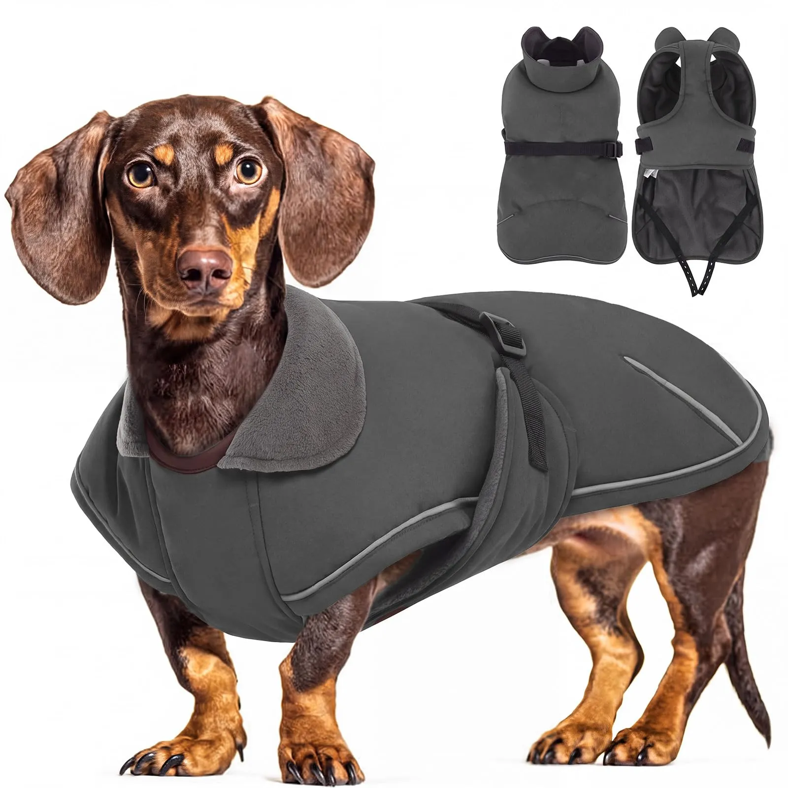 Hjyokuso Cappottino invernale per bassotto, antivento e impermeabile, per cani di piccola taglia, XS, con protezione addominale e foro in lino, grigio scuro - immagine 1
