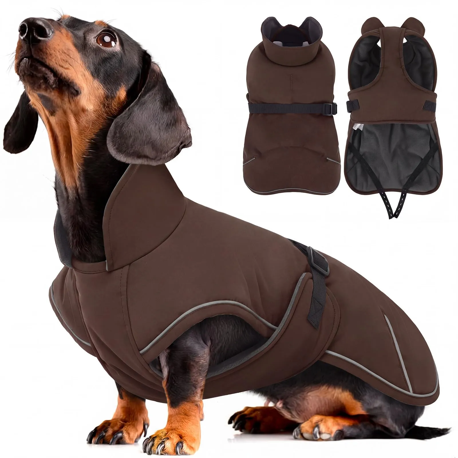 Hjyokuso Cappotto invernale antivento e impermeabile per bassotto, giacca invernale per cani di taglia grande, cappotto invernale con protezione della pancia e foro per guinzaglio, marrone scuro - immagine 1