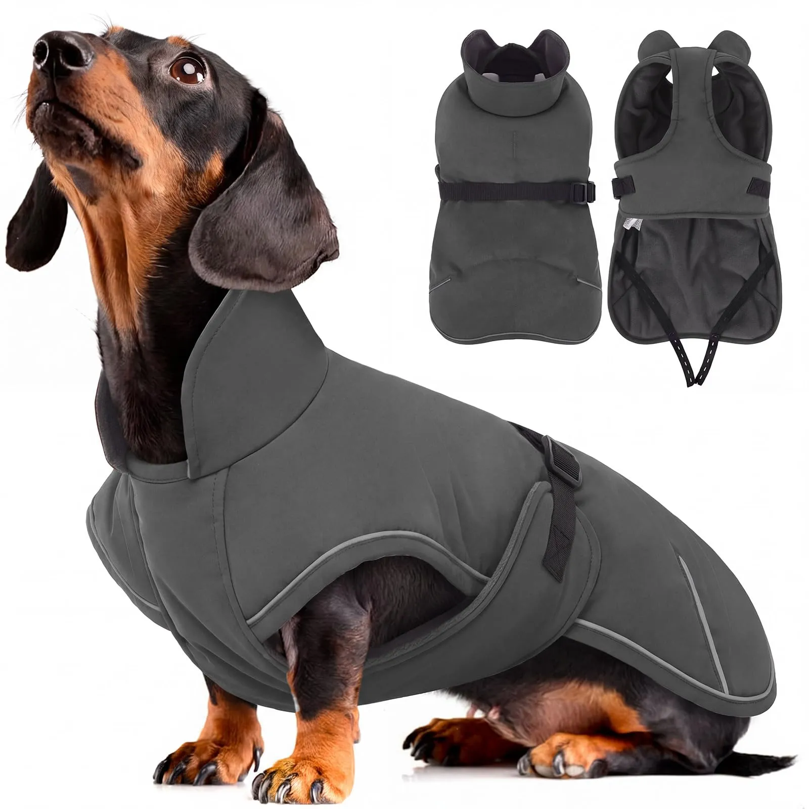 Hjyokuso - Cappotto invernale per teckel - Antivento e impermeabile - Per cani di piccola taglia - XS - Con protezione addominale e foro in lino - Grigio scuro - immagine 1
